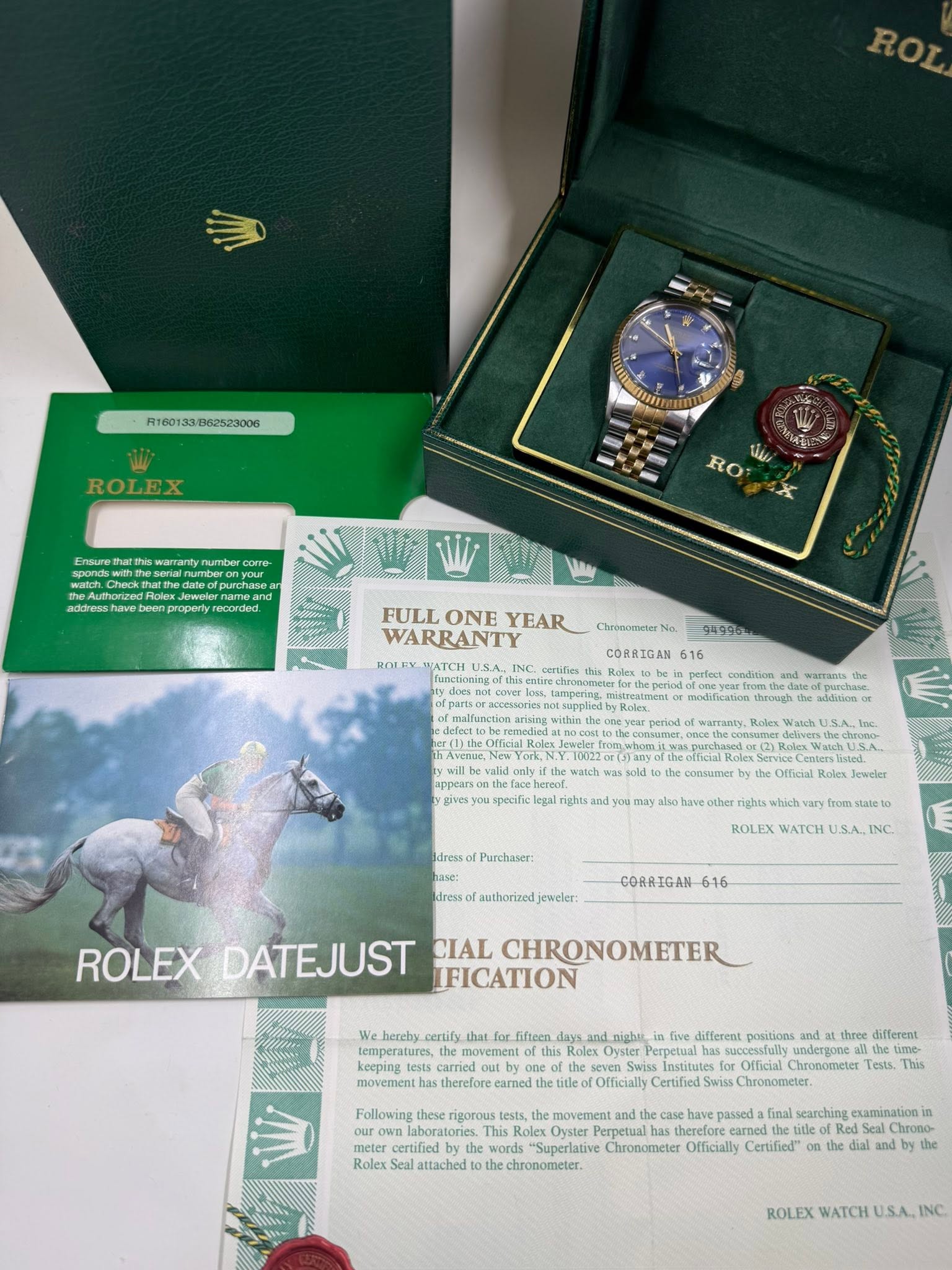 May be an image of wrist watch and text that says 'ROL R160133062523006 ROLEX 7 BSSTT Ensure RO فلين Rotr address.a pruporty conded FULL ONE FULLONE YEAR WARRANTY USA…