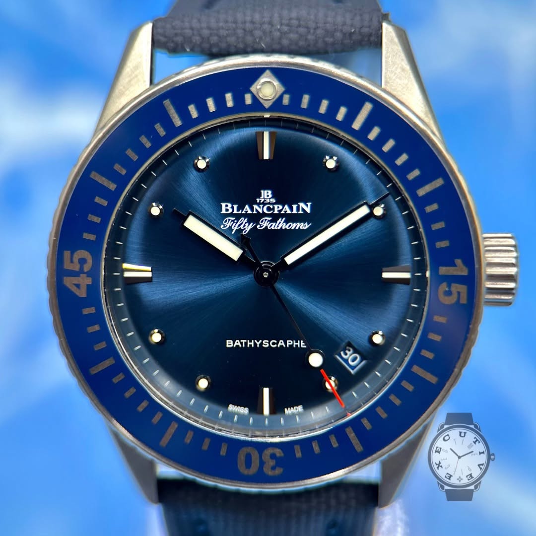 May be an image of wrist watch and text that says 'B BLA BLANCPAIN NCPAIN Fifty FiftyFathoms Fathoms 45 BATHYSCAPHE 30 SWISS MADE บ J Aa C E'