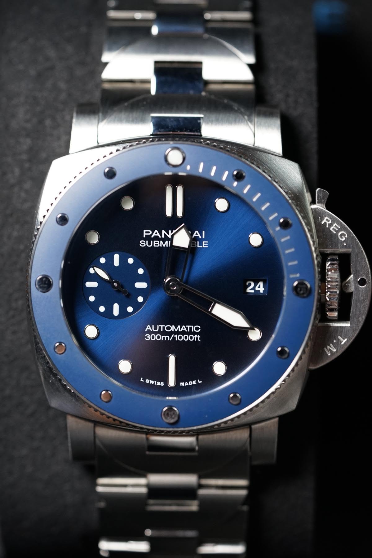 May be an image of wrist watch and text that says 'PAN PANSAI AI SUBMI LE REG REG 24 24 FUng ت 300m/1000ft L 8 SWISS MAD MADE LOWISSMADEL レ'