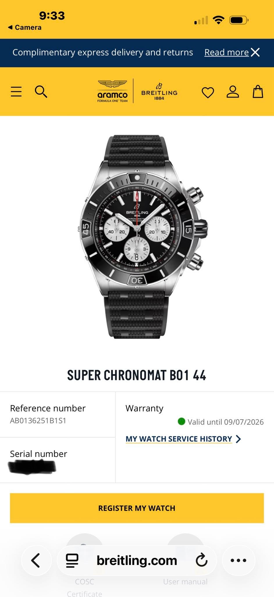 May be an image of digital watch and text that says '9:33 ه Camera Complimentary express delivery and returns Read more aramco BREITLIN 8o BRt 3 20, 1 న్ 2 20 บ้า 8 30 SUPER…