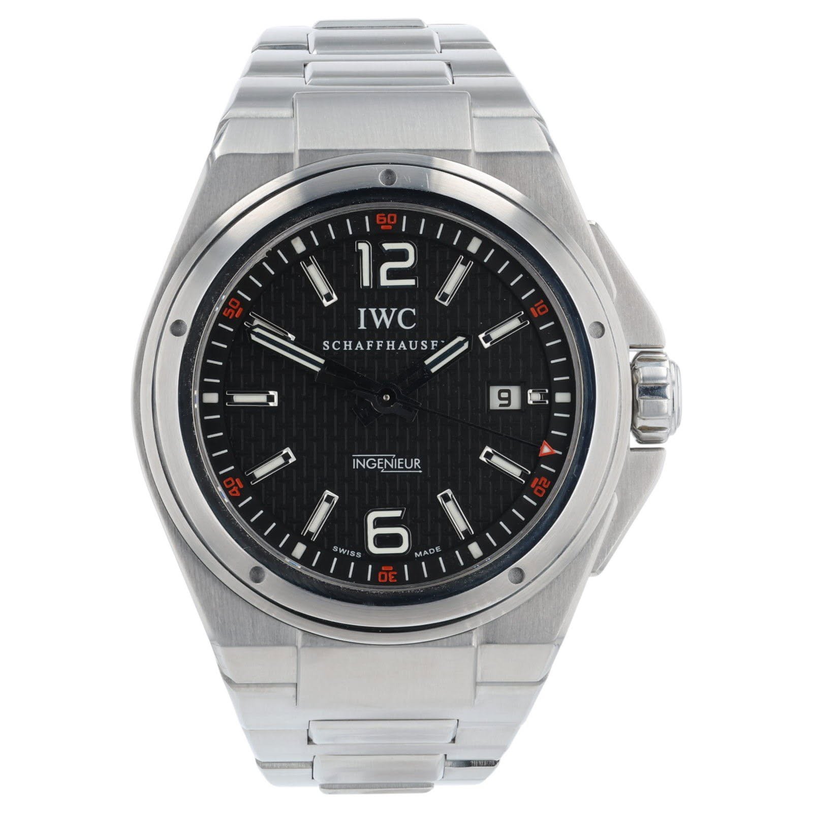 May be an image of digital watch and text that says '12 IWC SCHAFFHAUSF FH ב 9 INGENIEUR WISS 6'