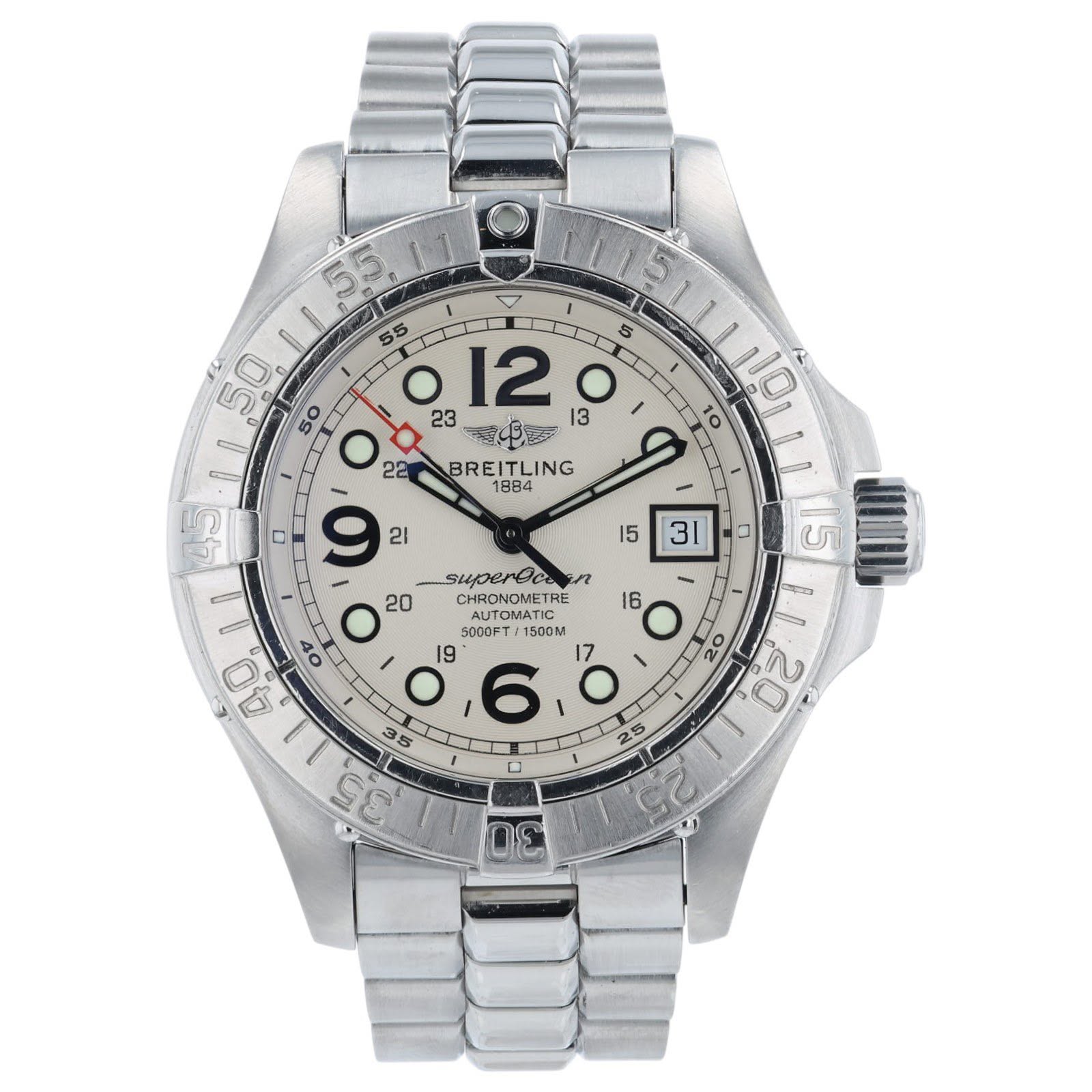 May be an image of wrist watch and text that says '55 LI O 22 o 12 23 13 o ကွ်ယြပး BREITLING LING BREI 1884 45 O 21 40,11 40 ot O 门 ם superfee 15 s AUTOMATIC 16 O on O. 5000FT…