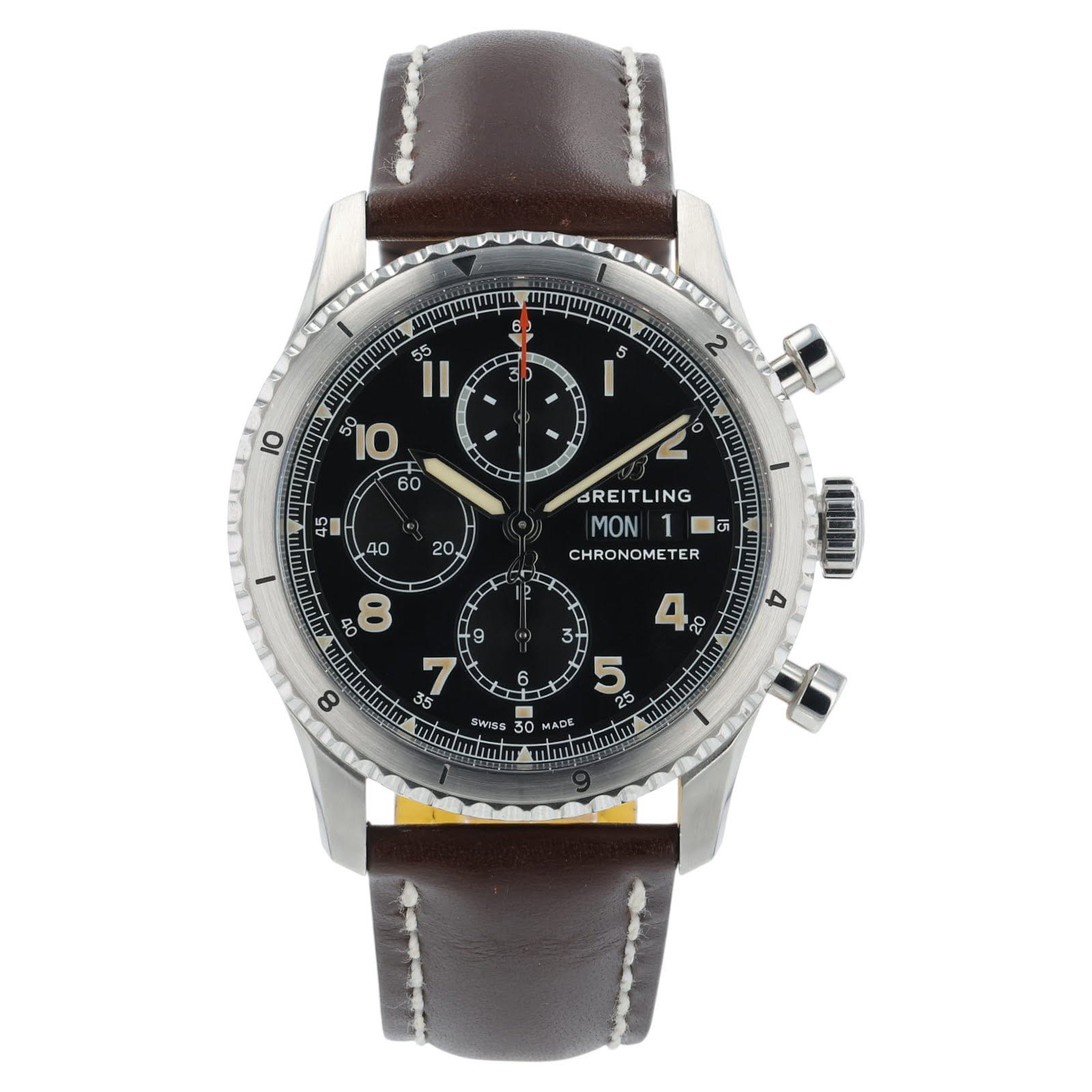 May be an image of wrist watch and text that says '1 D 5 55 II 10 60 10 A , 2 BREITLING MON 1 CHRON CHRONOMETER TER 40 8 9 ন 8 unt 35 3+ 5 25 SWISS 30 ADE'