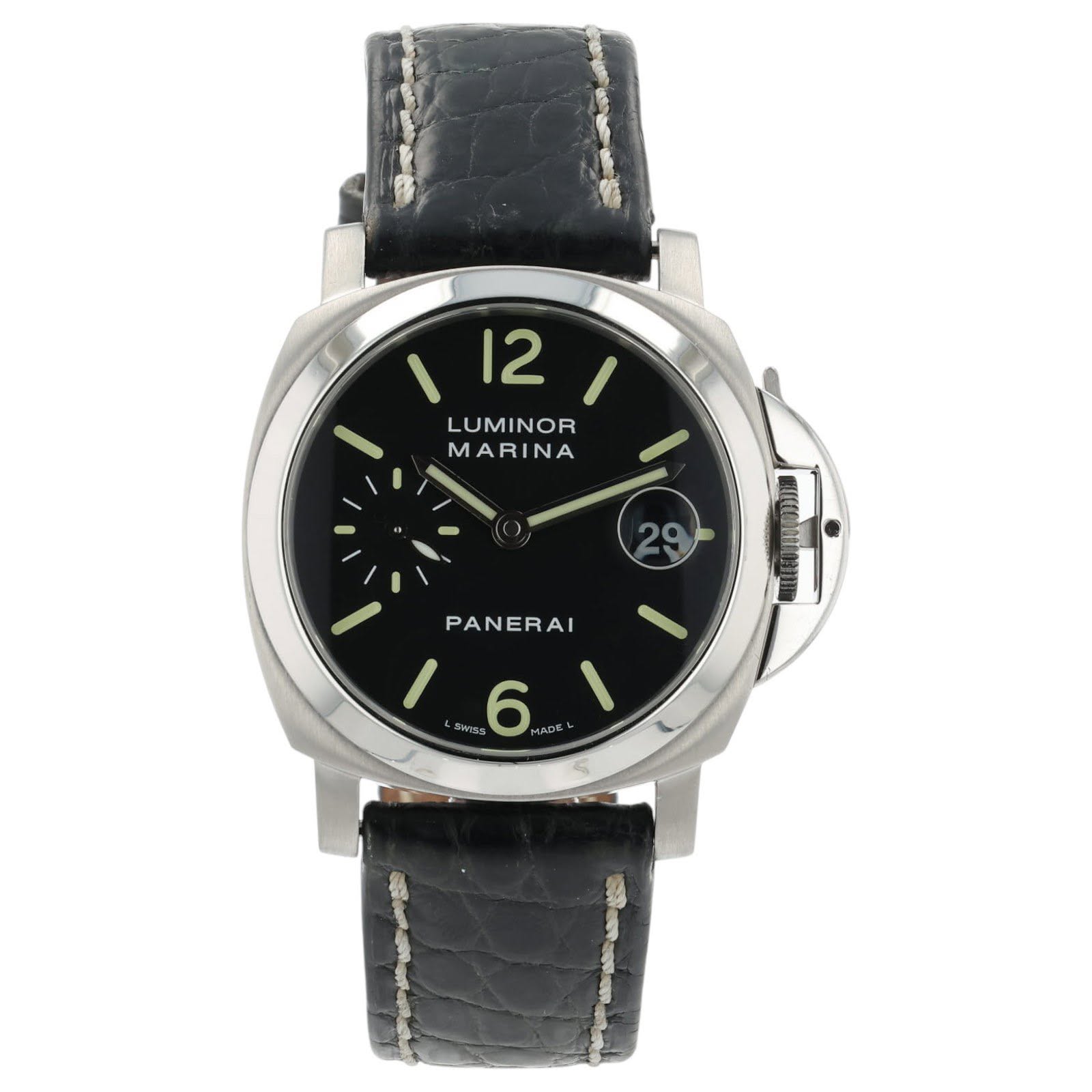 May be an image of wrist watch and text that says '١ 12 12 LUMINOR MARINA 29 PANERAI SWISS WIS 6'