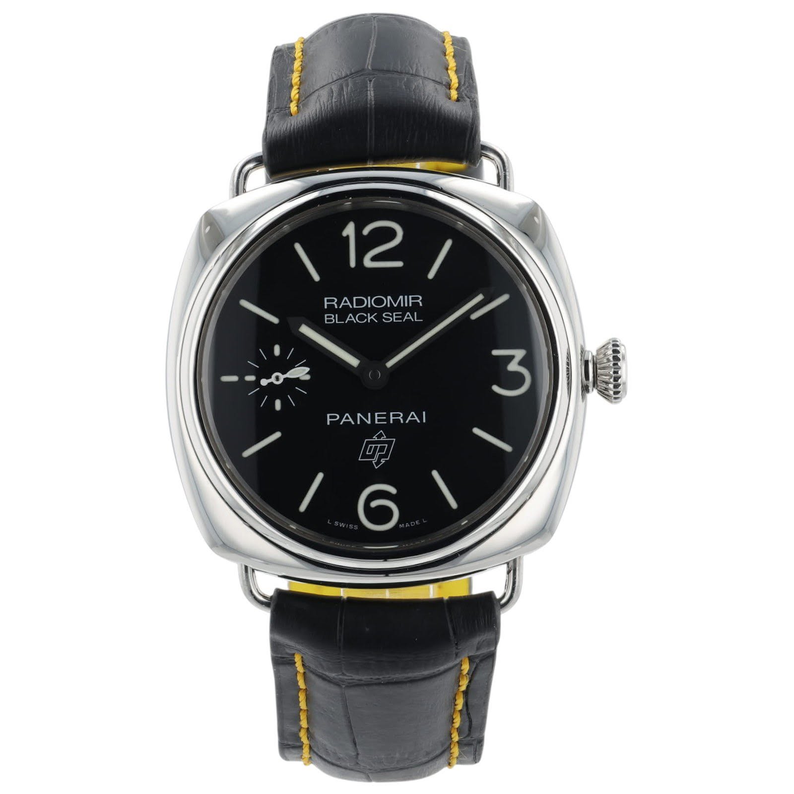 May be an image of leather, wrist watch and text that says '12/ 12 RADIOMIR BLACK BLACKSEAL SEAL ممر PANERAI 3 6'
