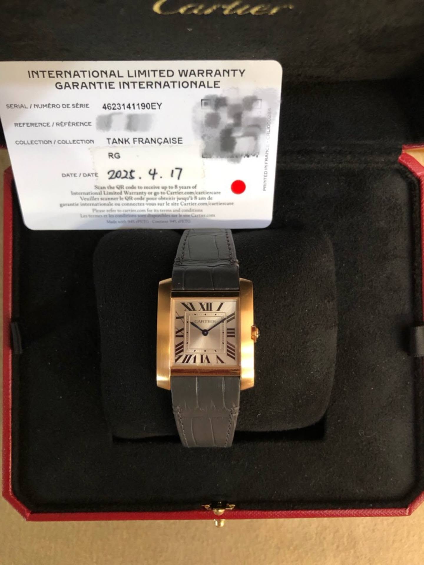 May be an image of wrist watch and text that says 'INTERNATIONAL LIMITED WARRANTY GARANTIE INTERNATIONALE SERIAL/ MUMERO DE SÊRIE REFERENCE/ REFERENCE 4623141190EY COLLECTION/…