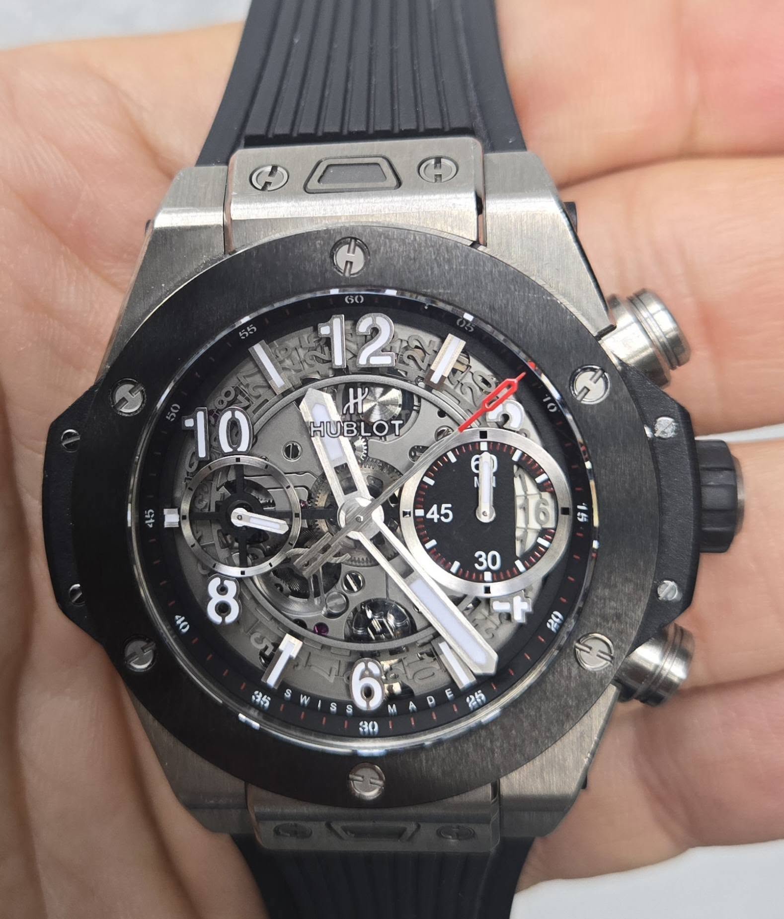 May be an image of wrist watch and text that says ' HUBLOT T HUB A 본 B=45 - 45 ー H ر 35 S ١ 1 M A 30 D D 25'