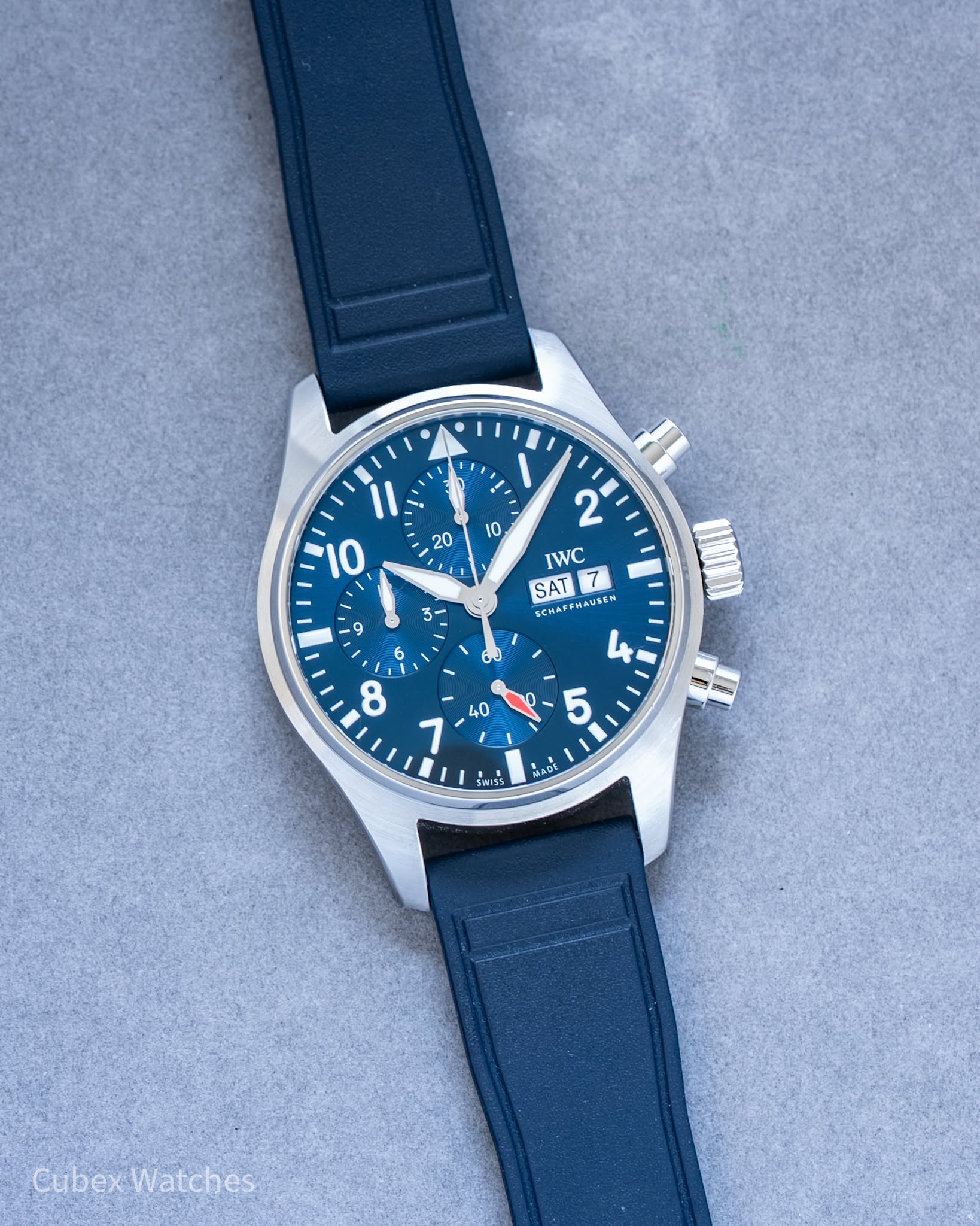 May be an image of wrist watch and text that says ' IWC SAT CHAFFHAUSEN HAUNEN HAUNEN 7 SCHA 4 6 L 6 I 1 8 40 E SWISS ちパ mAPC Cubex CubexWatches Watches'