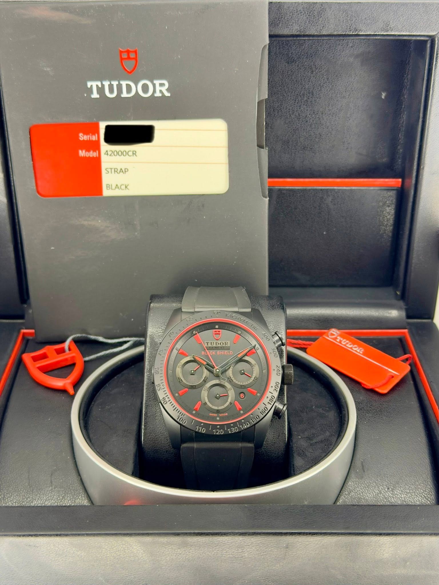 May be an image of wrist watch and text that says '円 TUDOR Serial Model42000CR Model 42000CR STRAP BLACK TUDOR SHICLD ಲ つでせの! 09Z 200 อ Tuo R0g 101 1a 花 '
