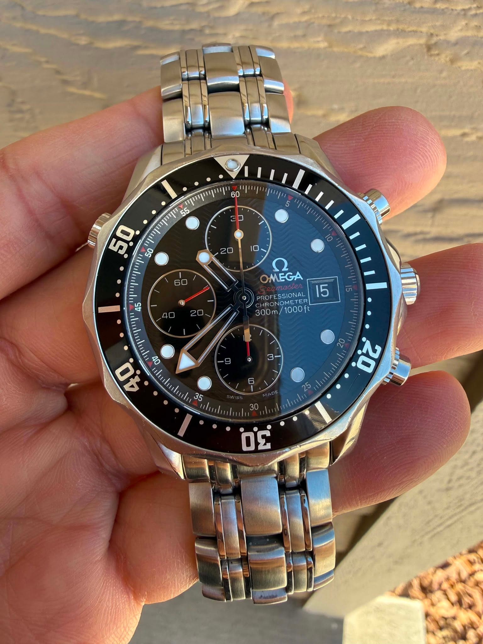 May be an image of wrist watch and text that says ' መም. 55 מיייויייוי" יויייןיייןייין 45 wletin 40 ابباسیاسان 35 40 OMEGA MEGA FESSIONAL SIONAL 15 NOMETE 300m/ 00m/1000ft 1000ft…