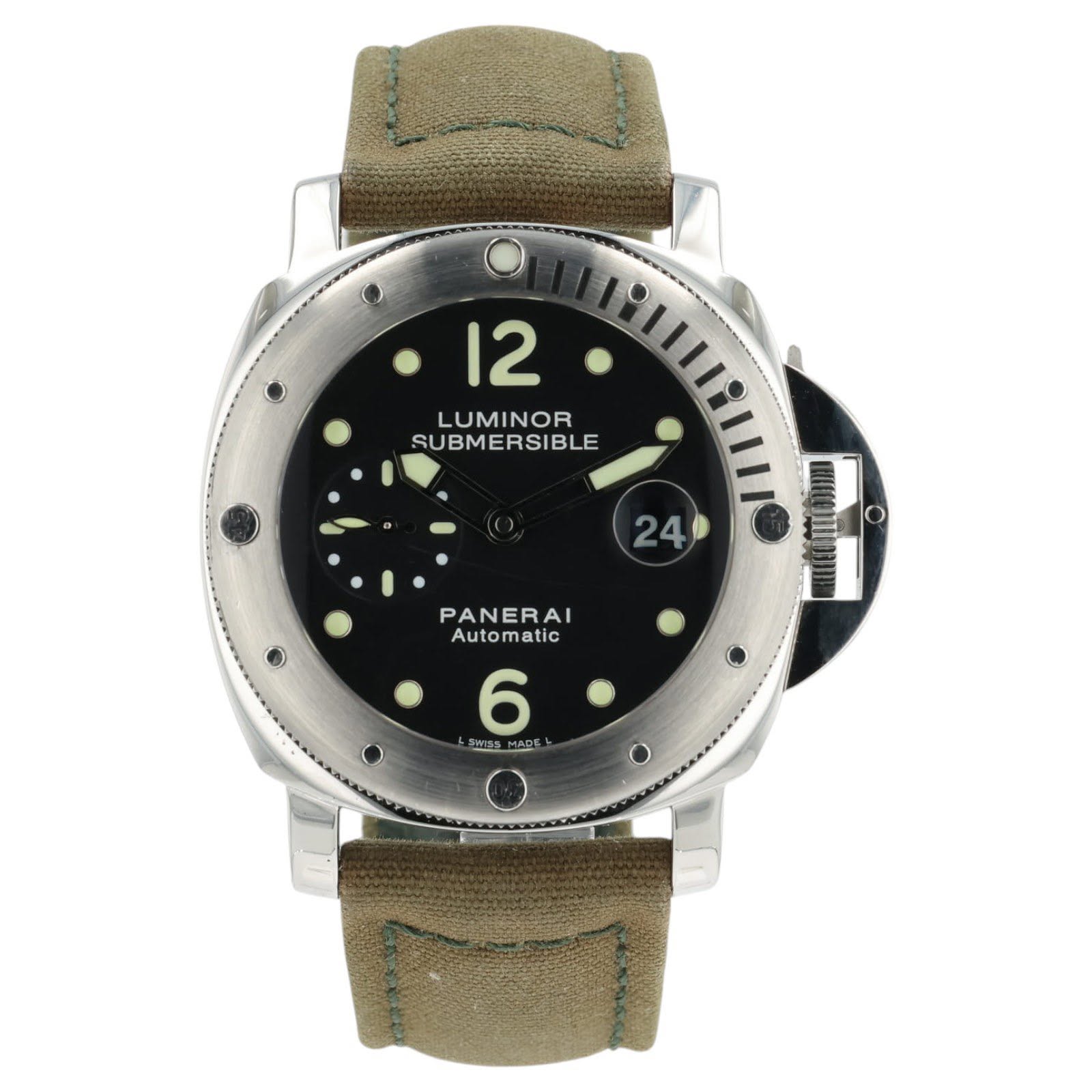 May be an image of wrist watch and text that says '12 LUMINOR SUBMERSIBLE 240 PANERAI Automatic 6 SWISS MADE Ο'