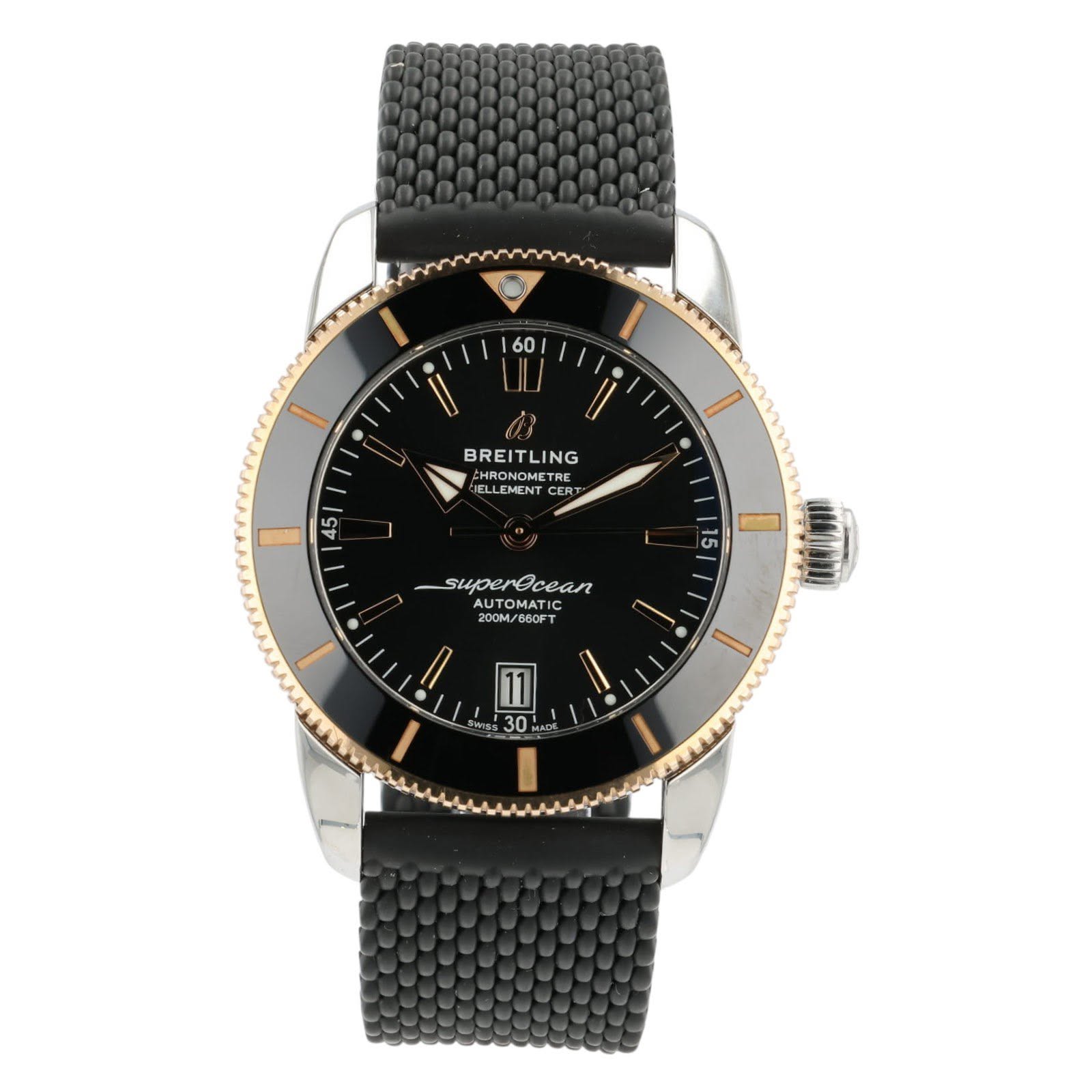 May be an image of wrist watch and text that says '60 I BREITLING METRE CHRONOMETRE METRE IELLEMENT ロ CERT 45 |15 15 superecean cBan AUTOM ស SOMATIC OMATIC 680FT I / 30 30'