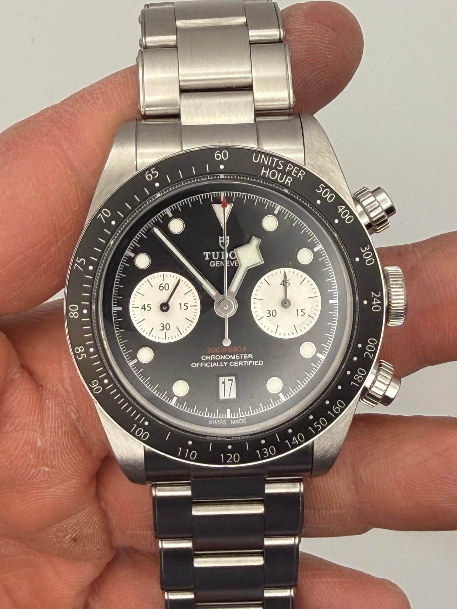 May be an image of wrist watch and text that says '60 65 70 UNITS HOUR PER 500 400 m שיףי 75 FB TUDO TU GENEVE EVE GEN 60 / CHRONOMETER CHRONO OFFICIALLY FICIALLYCERTIFIE…