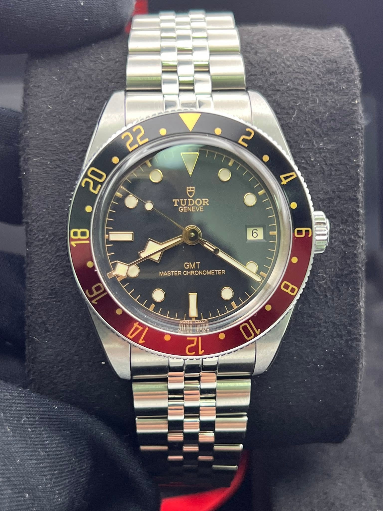 May be an image of wrist watch and text that says ' TUDOR GENEVE 18 6 O 6 GMT MASTER CHRONOMETER MASTERCHRONOMETER CHR 8 I 14 10 12'