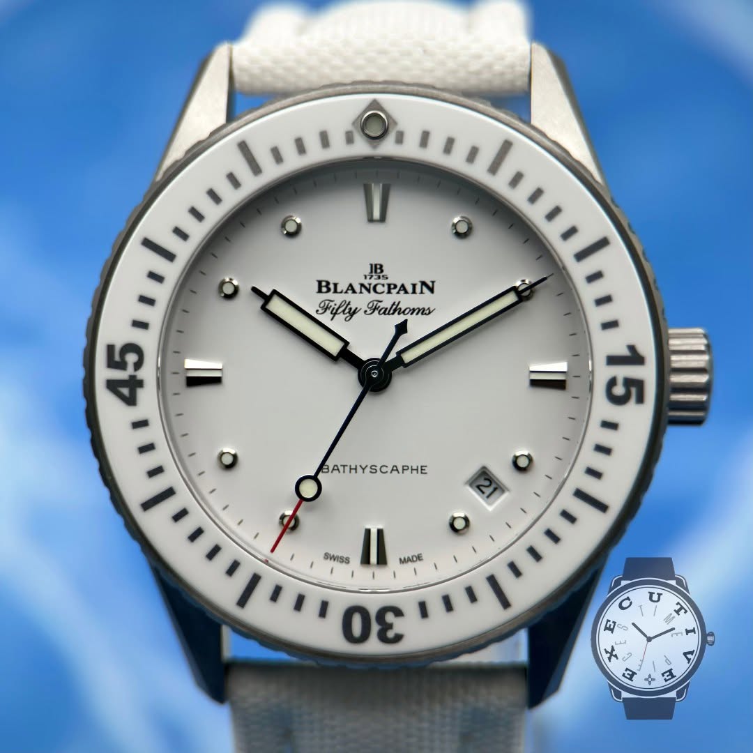 May be an image of wrist watch and text that says 'B BLANCPAIN FiflyFalhoms Fifty Falhoms 45 15 ATHYSCAPHE SWISS MADE 30 U 购 F ي A 3'