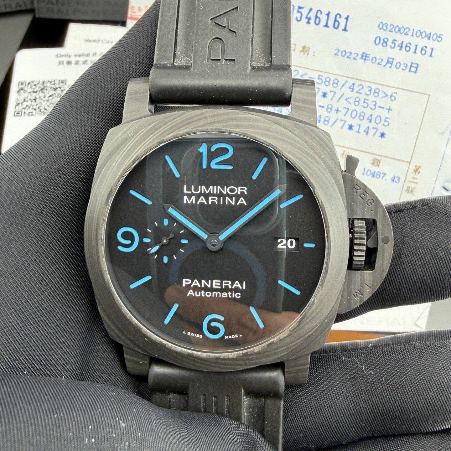 May be an image of digital watch and text that says 'MaTи Orly velie 日拉 期: 2022年02月03日 /4238>6 *7/<853-+ KA72853-+ 18/7*147* -8+ LUMINOR MARINA 讚 10487 13 乾 9 20 PANERAI Automatic…