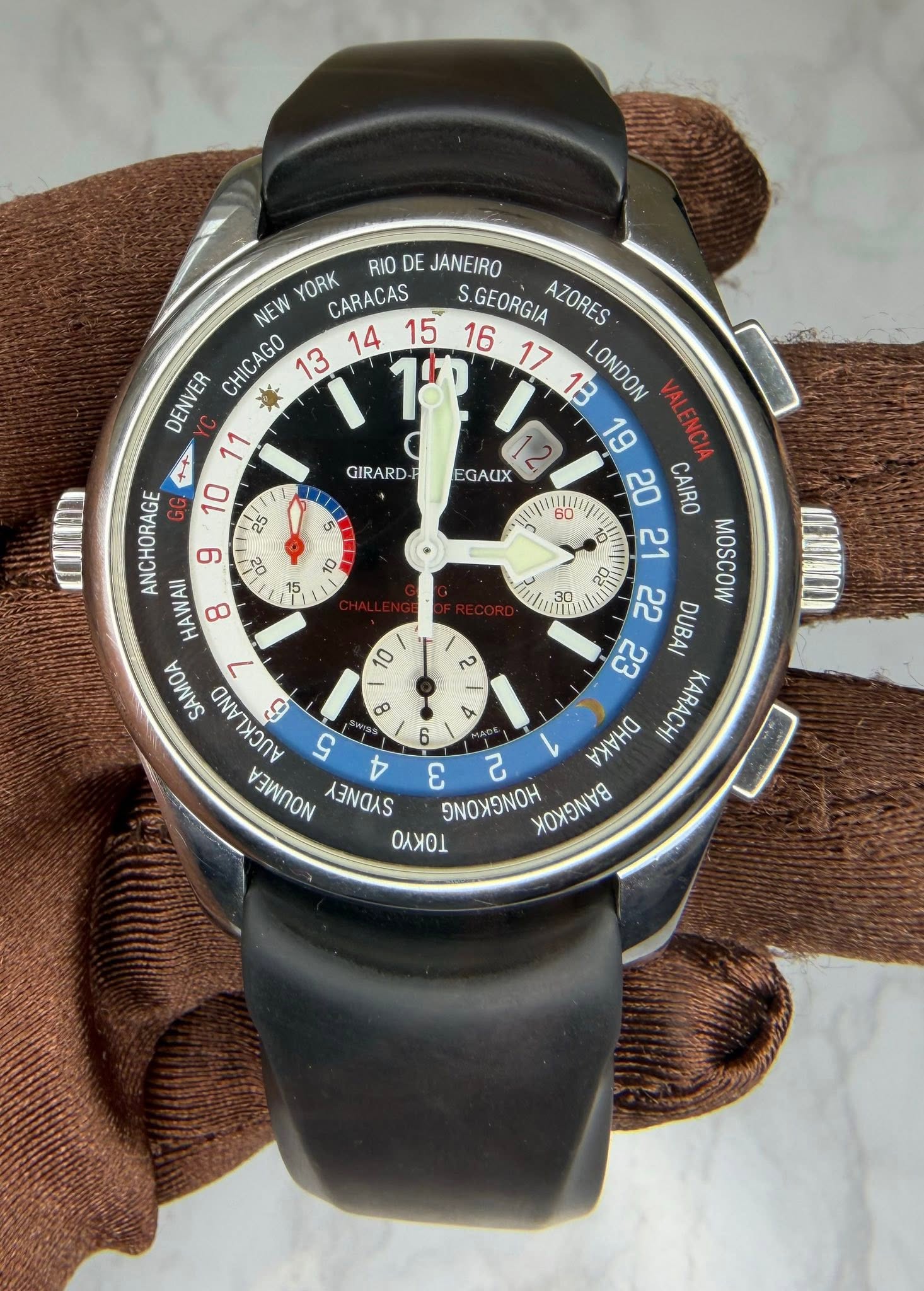 May be an image of wrist watch and text that says 'GIRARD-P GIRARD.PEGAUX EGAUX YORK RIO DE JANEIRO NEW CARACAS S. GEORGIA AZORES CHICAGO ONDON DENVER 1ቂ 11 19 20 CAIRO H 9 20…
