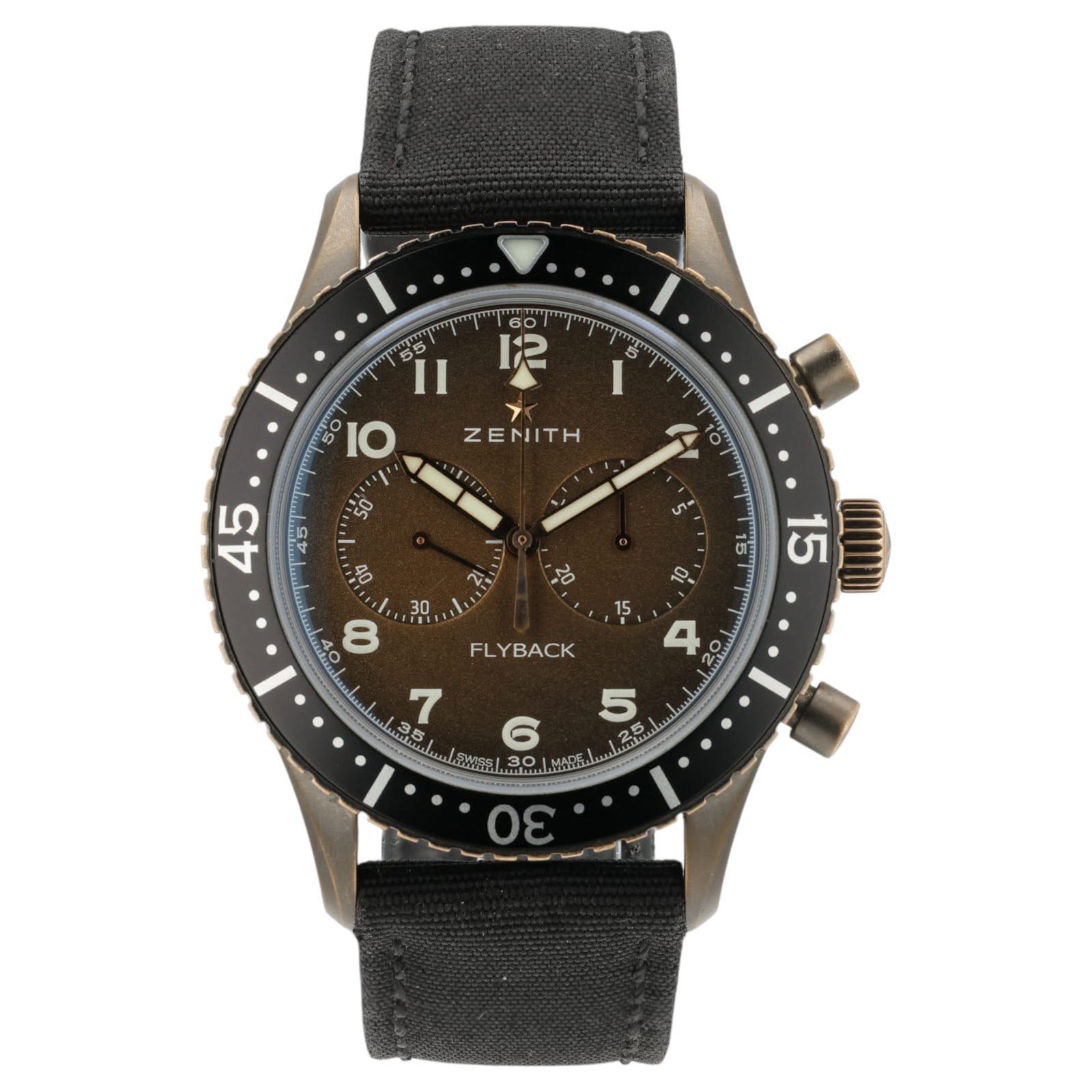 May be an image of wrist watch and text that says '60 晚 y ZENITH 55 II 50 O IO 5 I A 10 50 45 ک ጣም A0 8 7 FLYBACK 4 2 ફેત O O 5 25 ေ 30 30'