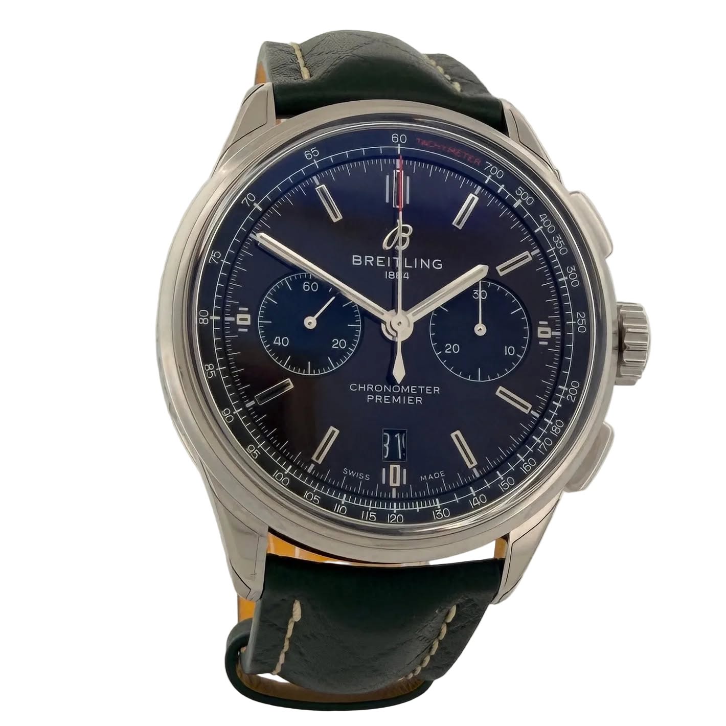 May be an image of wrist watch and text that says ' BREITLING LING BREI / u ၁ 20 白 10 لسنما CHRONOMETER PREMIER ER יוד WIsS Οι TOS 40cmly ل 130 120'