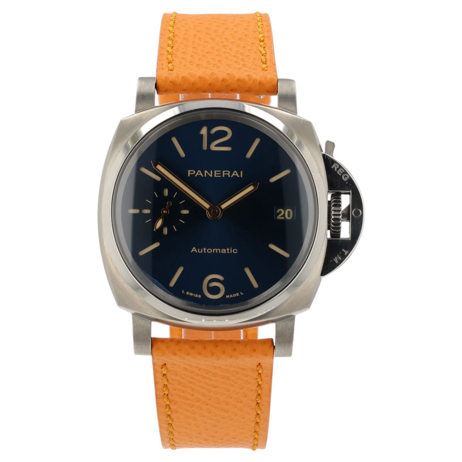 May be an image of leather, wrist watch and text that says '12 PANE PANERAI RAI Automati'