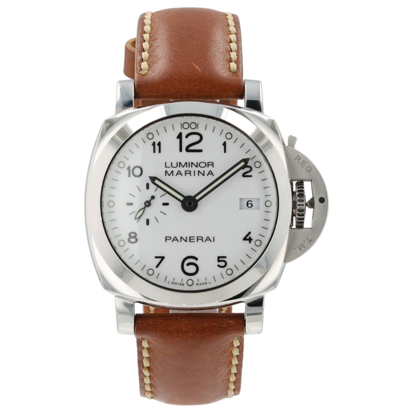 May be an image of leather, wrist watch and text that says '10 0111 ١۱ O LUMINOR MARINA 2 6 一1〇 o RE REG G 8 4 4. I ٣ PANERAI 1 6 5 O 10 Low SWISS ٥ o MADE MADE'