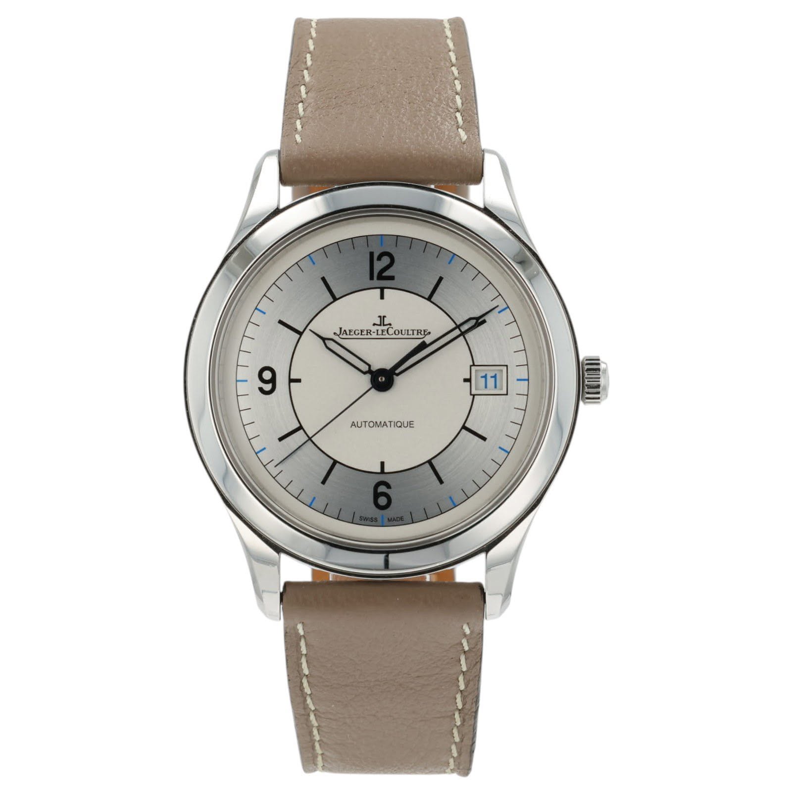 May be an image of wrist watch, leather and text that says 'JAEGEN-LECOULTRE JAEGER LECOULTRE 9 11 AUTOMATIQUE IQUE AUTOM'