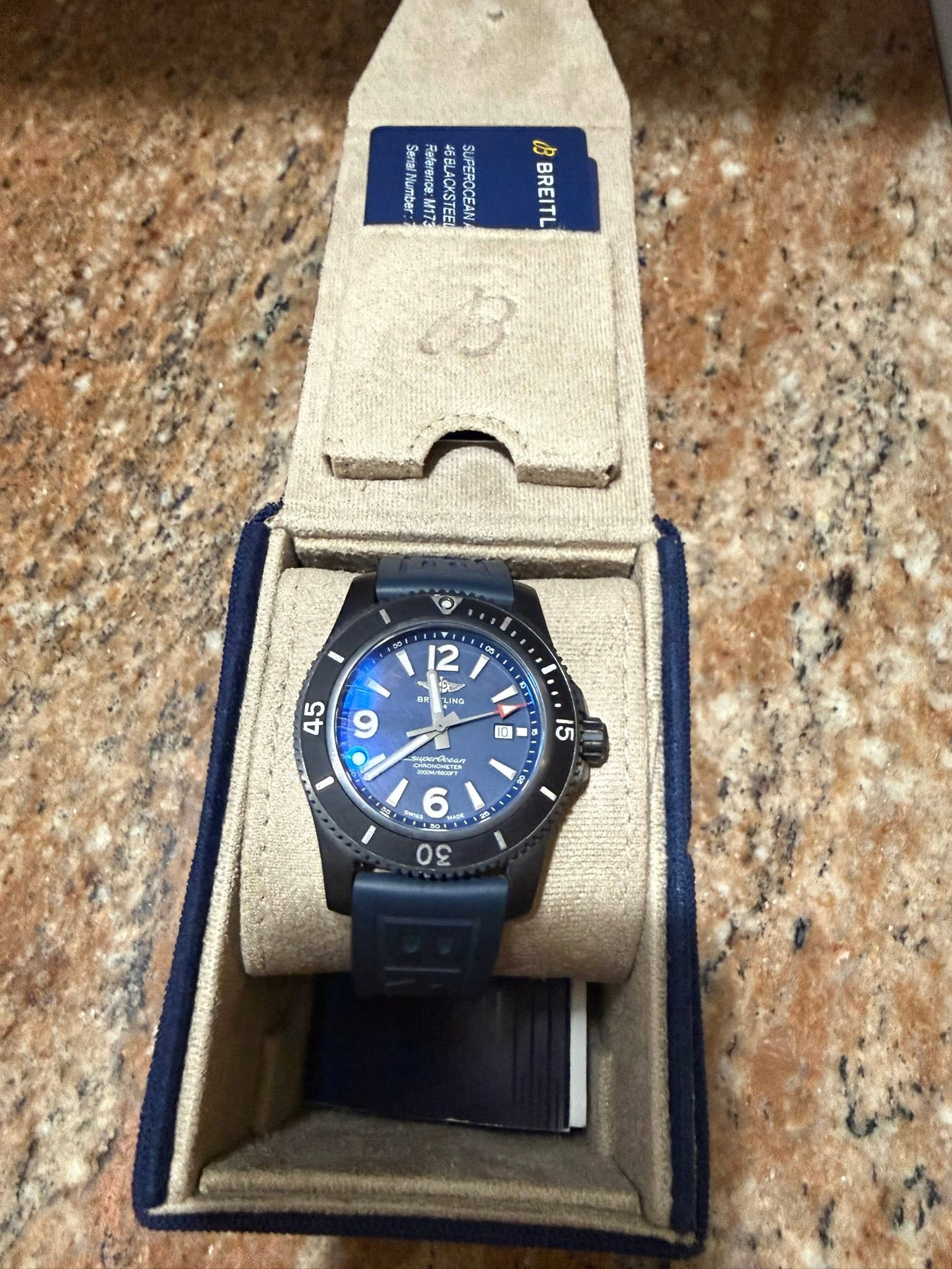 May be an image of wrist watch and text that says 'SeralNiumber umbe M172 ec SUPEROCEAN B BREITL 2 FO 1 F 9o 6 P LING S1 45 م 四 15 30'