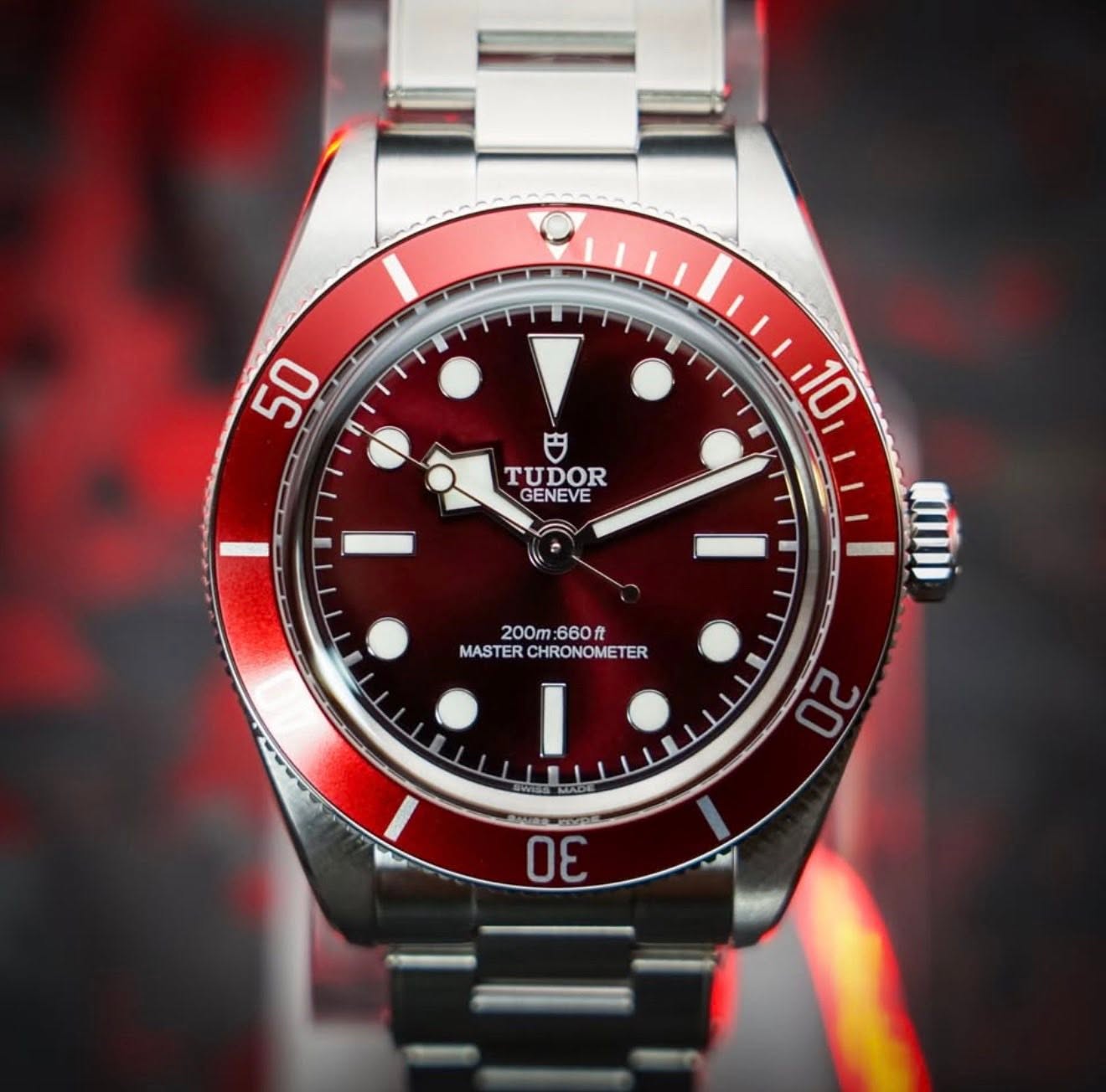 May be an image of wrist watch and text that says '50 10 TUDOR GENEVE 200m 660f 200m:660 हि MASTER CHRONOMETER 20 pa'