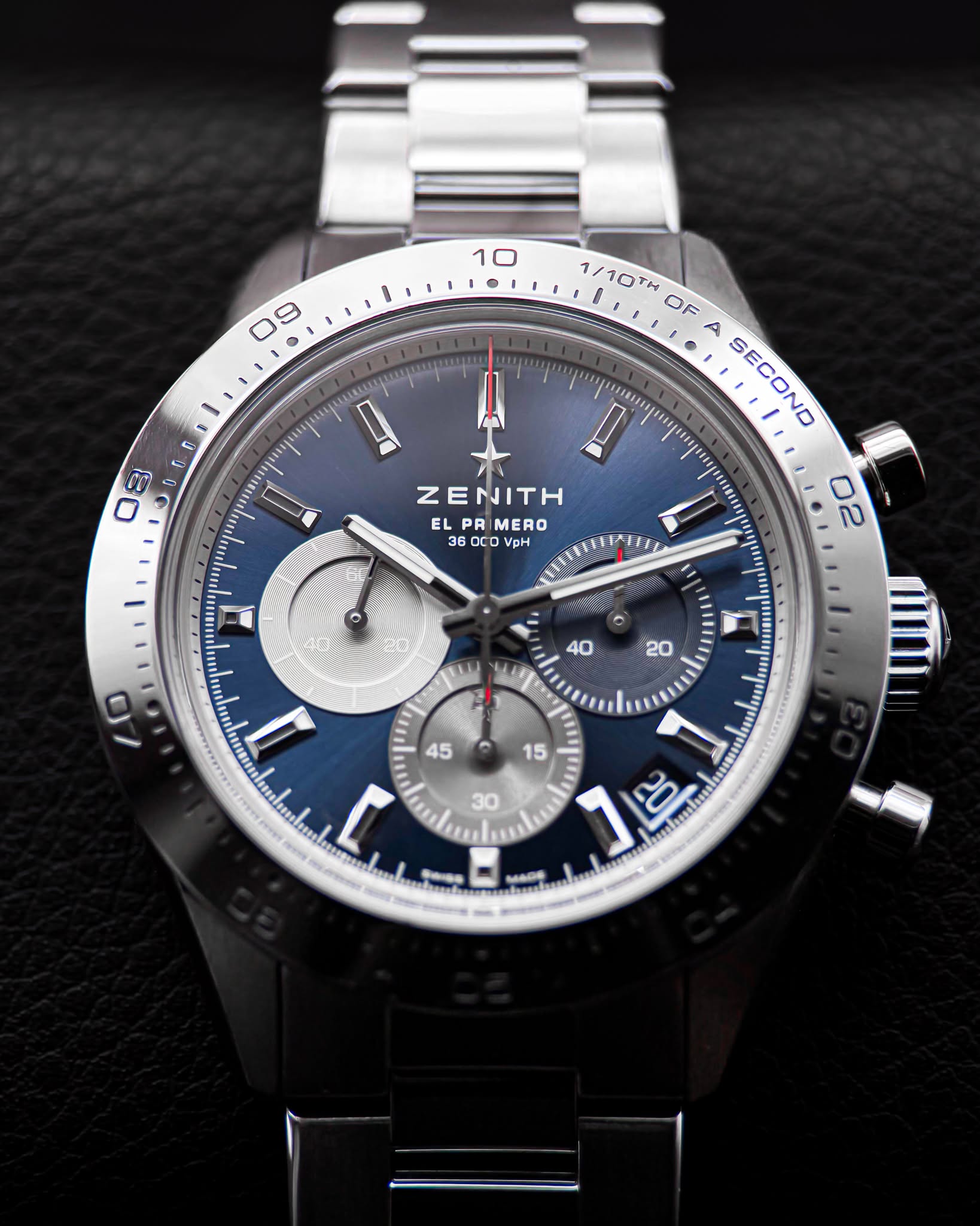 May be an image of wrist watch and text that says ' /10TH OF 1/10TH A SECOND I 0 08 S8N1 ZENITH EL ELPRIMERO PRI IMERO 36 360C Baco 0V VpH MI 02 R 40 1LL 20 ١ 45 08 r Pce'