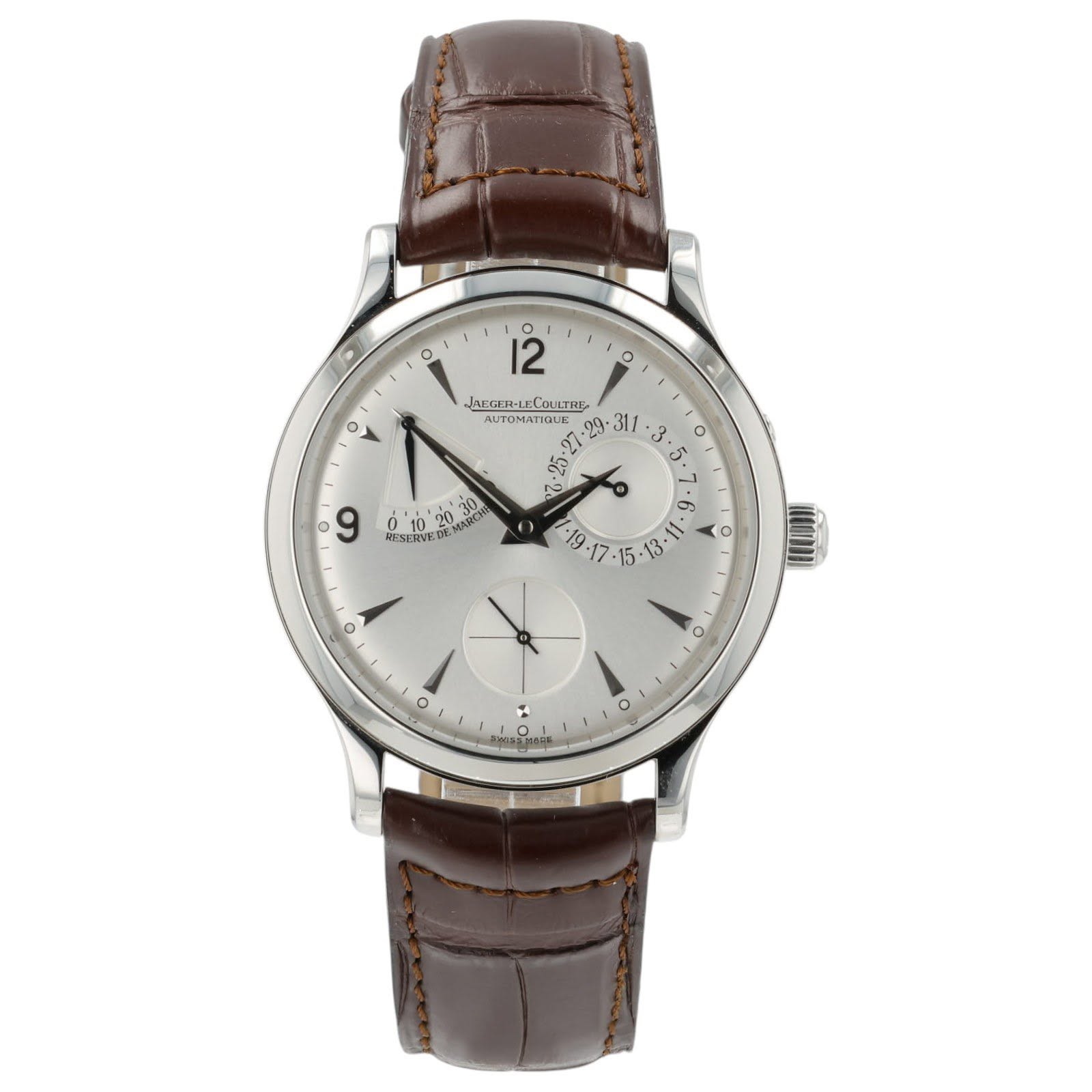 May be an image of wrist watch and text that says '٥ o o 12 JAEGER-LECo ALTOMATIQUE ECOLUTRE 0 ٥ ٧ O 311 ٥ •5 ى ذي s 30 O ለ 2 MANCH RESERVE O 3s Il. 0 o o o'