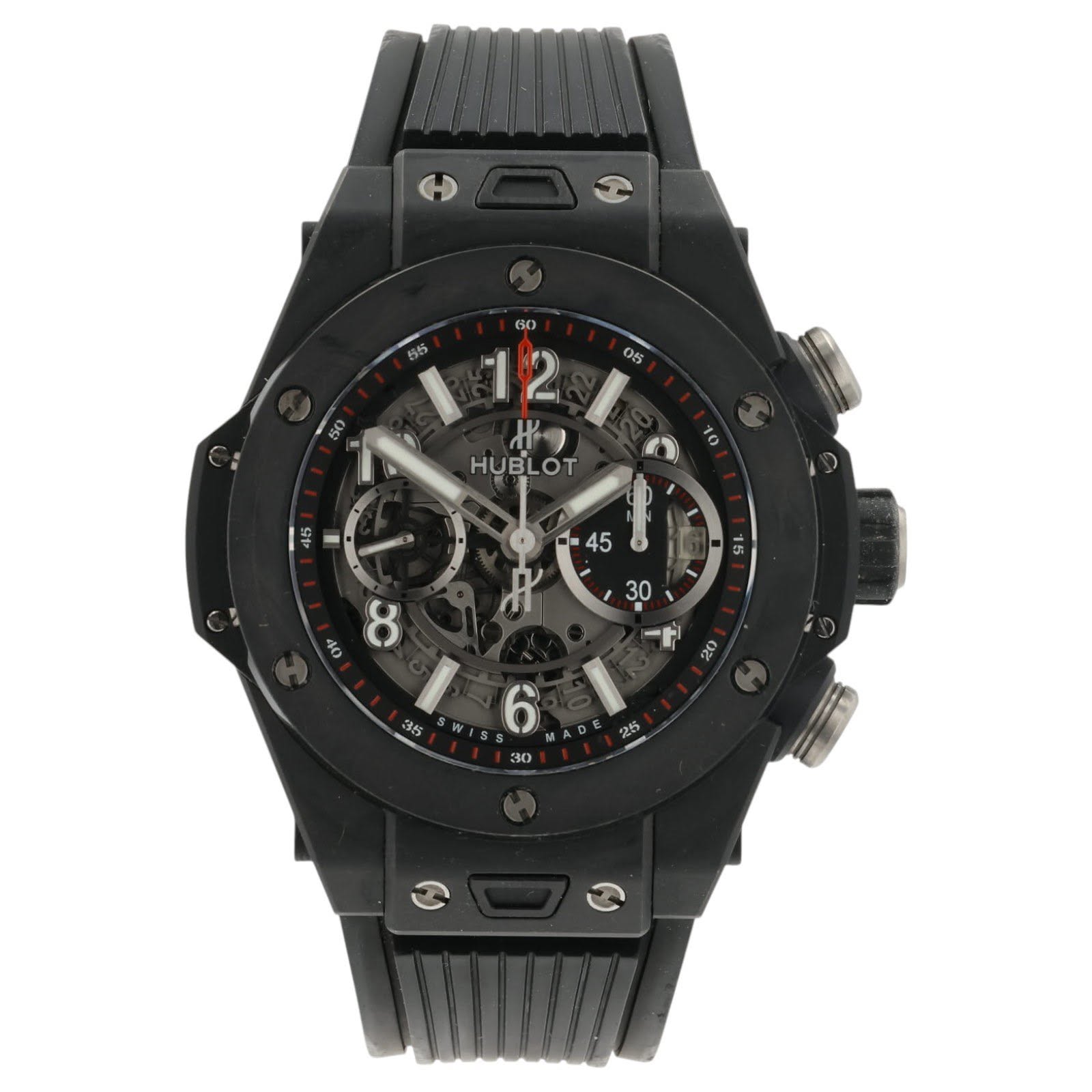 May be an image of wrist watch and text that says ' Hつ HUBLOT - 45 6 R 40 8 30 Wt '
