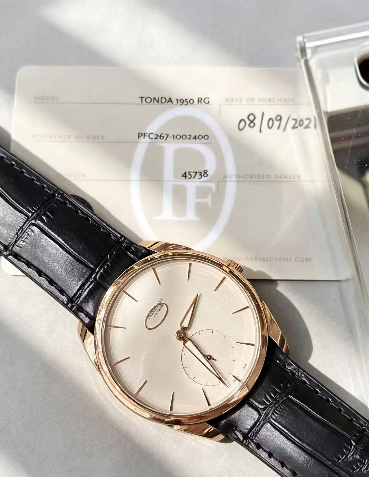 May be an image of wrist watch and text that says 'MODEL TONDA 1950 TONDA1950R0 RG PEREDENCE EEVEGENCENUMEER NUMEER DATE DATEOFPURCHASE OF PURCHASE 08/09/202 08 /09/ 2021…