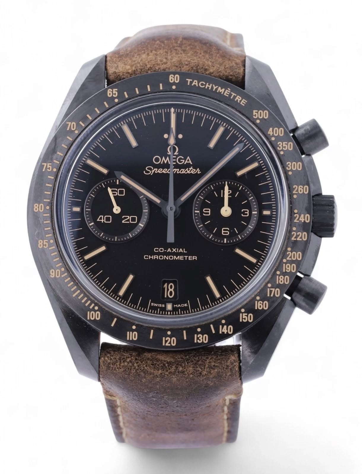 May be an image of wrist watch and text that says '65 70 60 TACHYMÈTRE OMEGA OM EGA Speec naster I い CO-AXIAL AXIAL CHRONOMETER TER I 18 SWISS MAA i50 ١ I 120'
