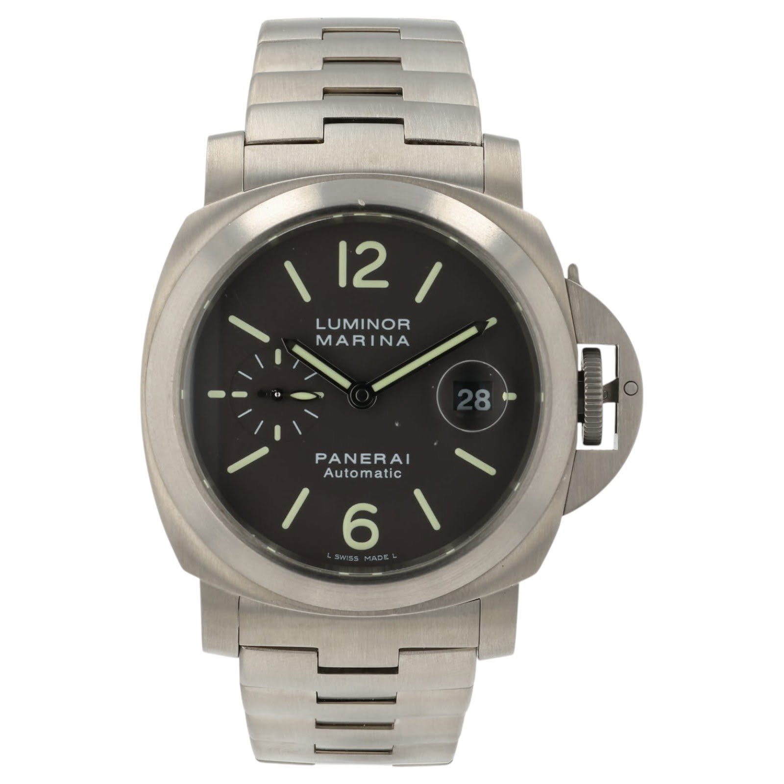 May be an image of wrist watch and text that says '12 12 LUMINOR MARINA 8 - PANERAI Automatic B 6'
