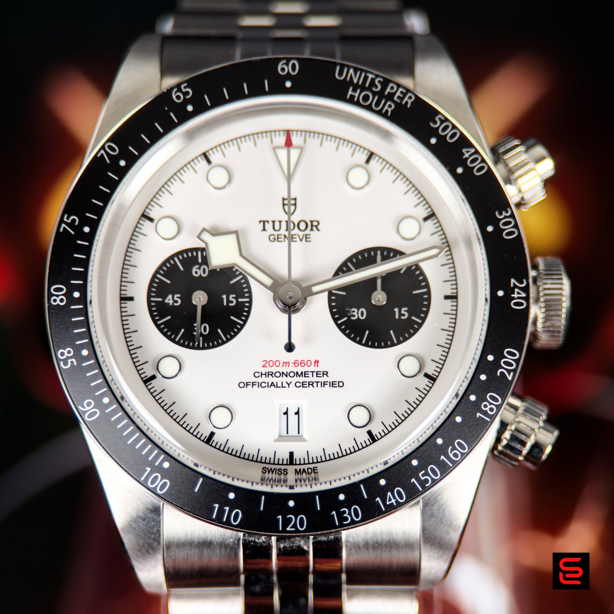 May be an image of wrist watch and text that says '60 65 70 UNITS HOUR UNITSPER PER O O יוי 60 TUDOR GENEVE 80 1E 45 O יין 000 15- : S 200m 200m:660 660 CHRONO CHRONOMETER E ER…