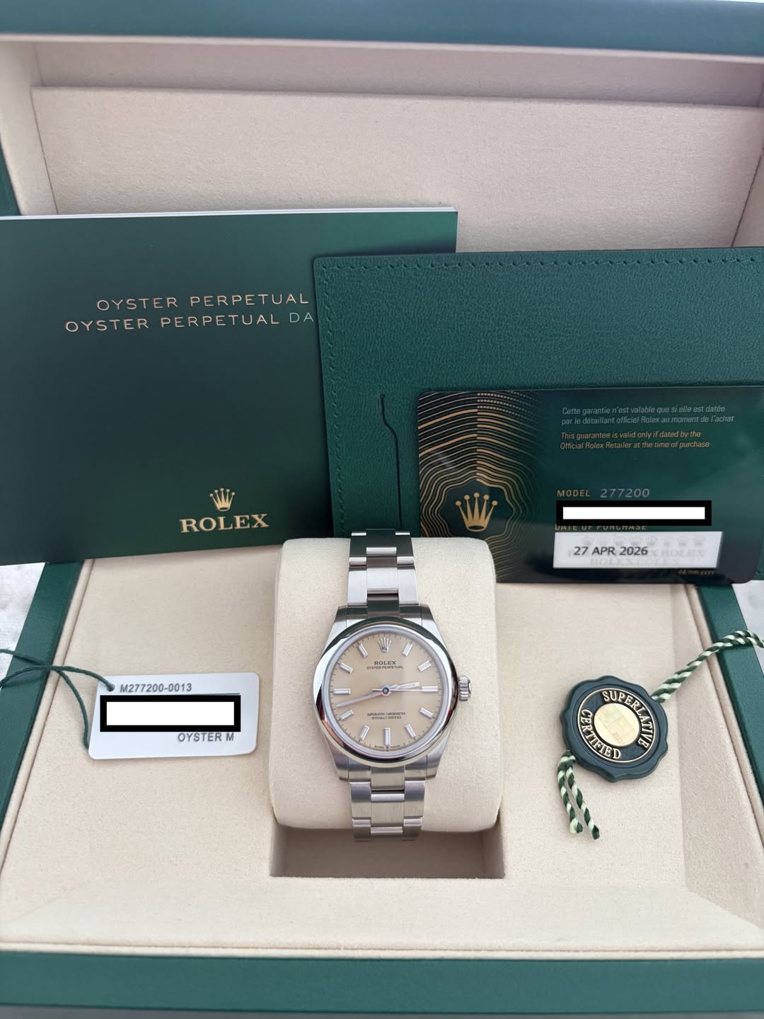 May be an image of wrist watch and text that says 'OYSTER OYSTERPERPETUA PERPETUAL PERPE OYSTER PERPETUAL STERPERPETUAL DA 2ม ROLEX 27 APR 2026 M277200-0013 한매떡 OYSTERM תורה 2 ล…