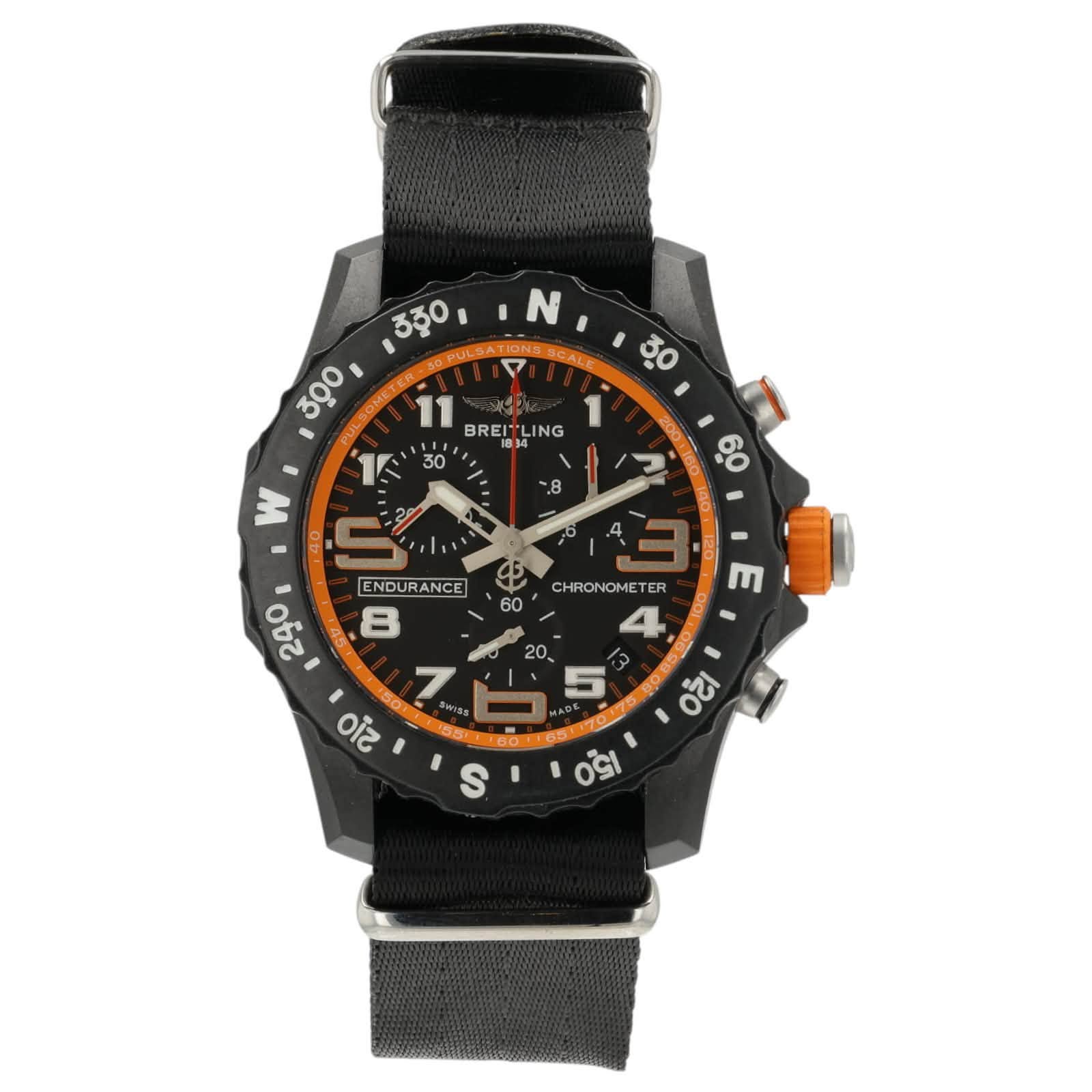 May be an image of wrist watch and text that says 'N 4 30 330, 300 11 BREI BREITLING 社 NG 1 こ 30 2 1 W , ENDURANCE ቀ 60 CHRONOMETER E 240 = 7 210 พ 20. 5 20 S 5'