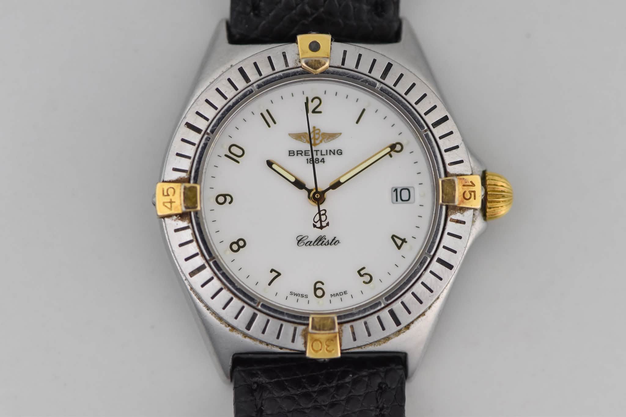 May be an image of wrist watch and text that says '2 Il 10 BRE BRETLING TLING Callisto ۷ 7 5 SWISS 6 M I MADE ١ 00'