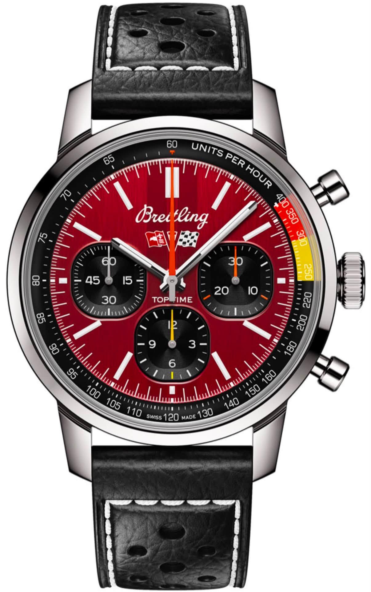 May be an image of wrist watch and text that says ' UNITS UNITSPER PER Il HOUR Breitling Brei ling I TOP TOPLFIME IME 20 250 I0 I % - 9 ® I SWISS 120 MADE '