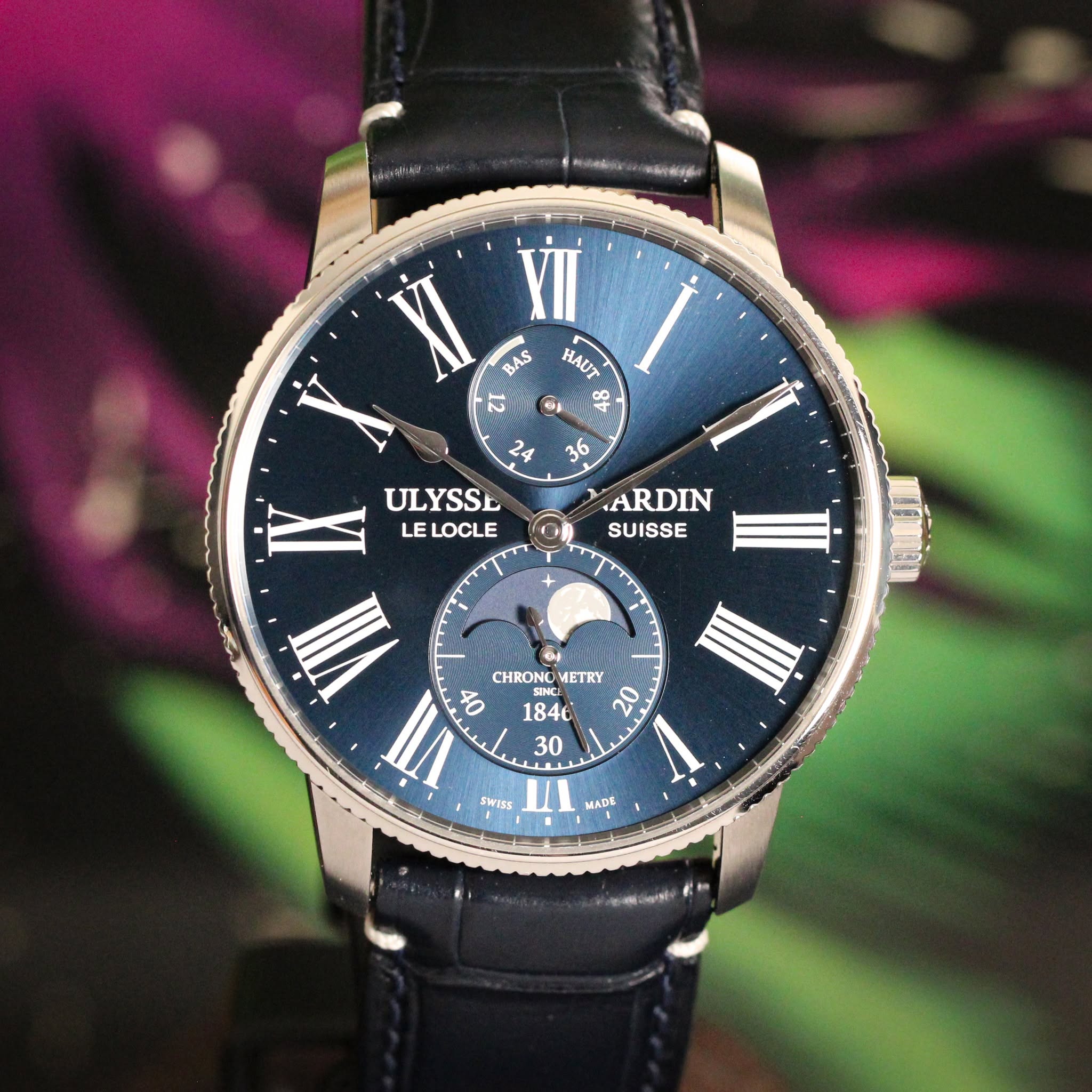 May be an image of wrist watch and text that says '제1식과 XI VII BAS ΗAυT 36 ULYSSL LE ELOCLE ARDIN SUISSE خد WII CHRONC CHRONOMETRY ETRY LI t0 20 SWISS 1846 30 MAOE'
