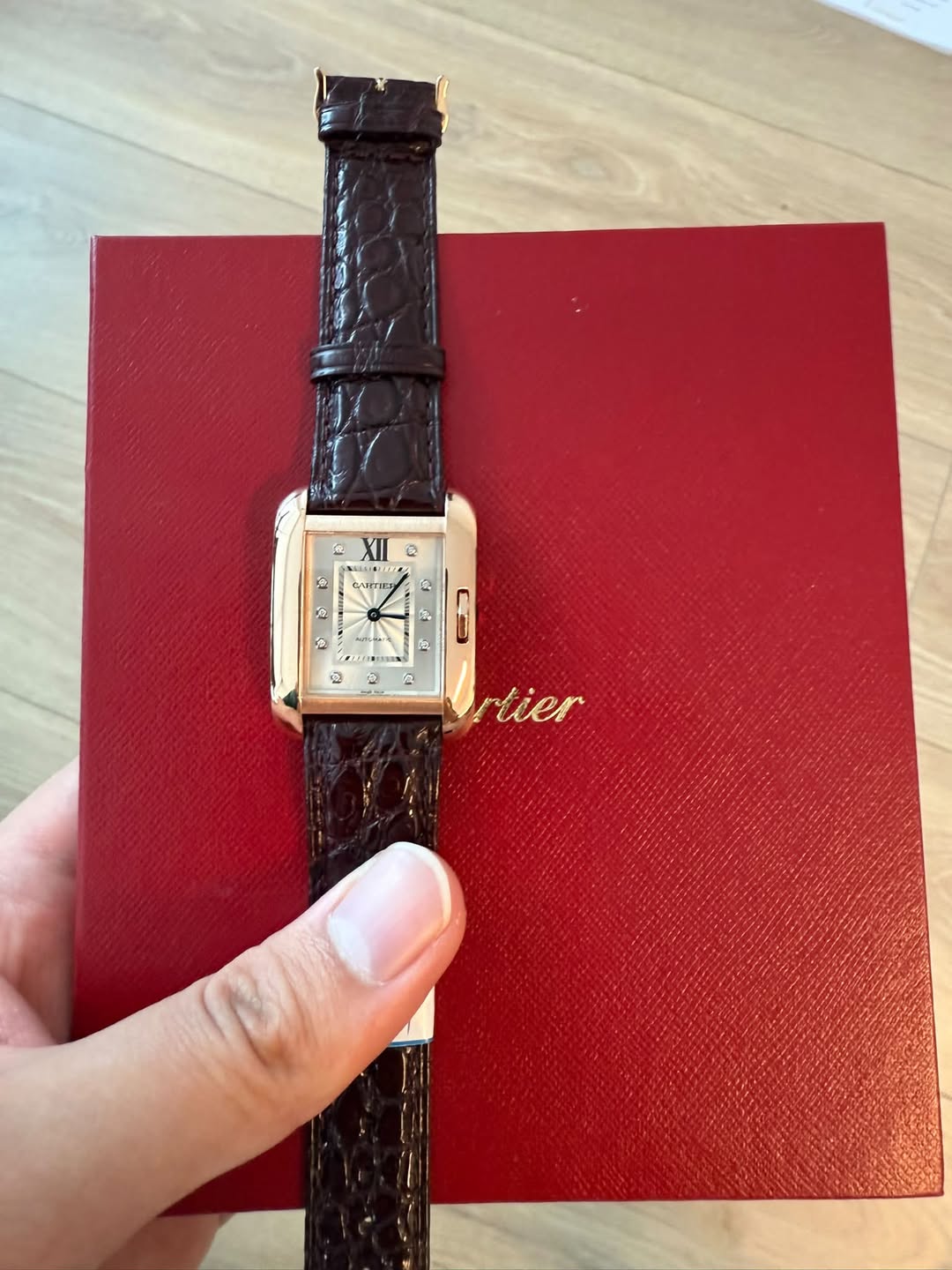 May be an image of leather, wrist watch and text