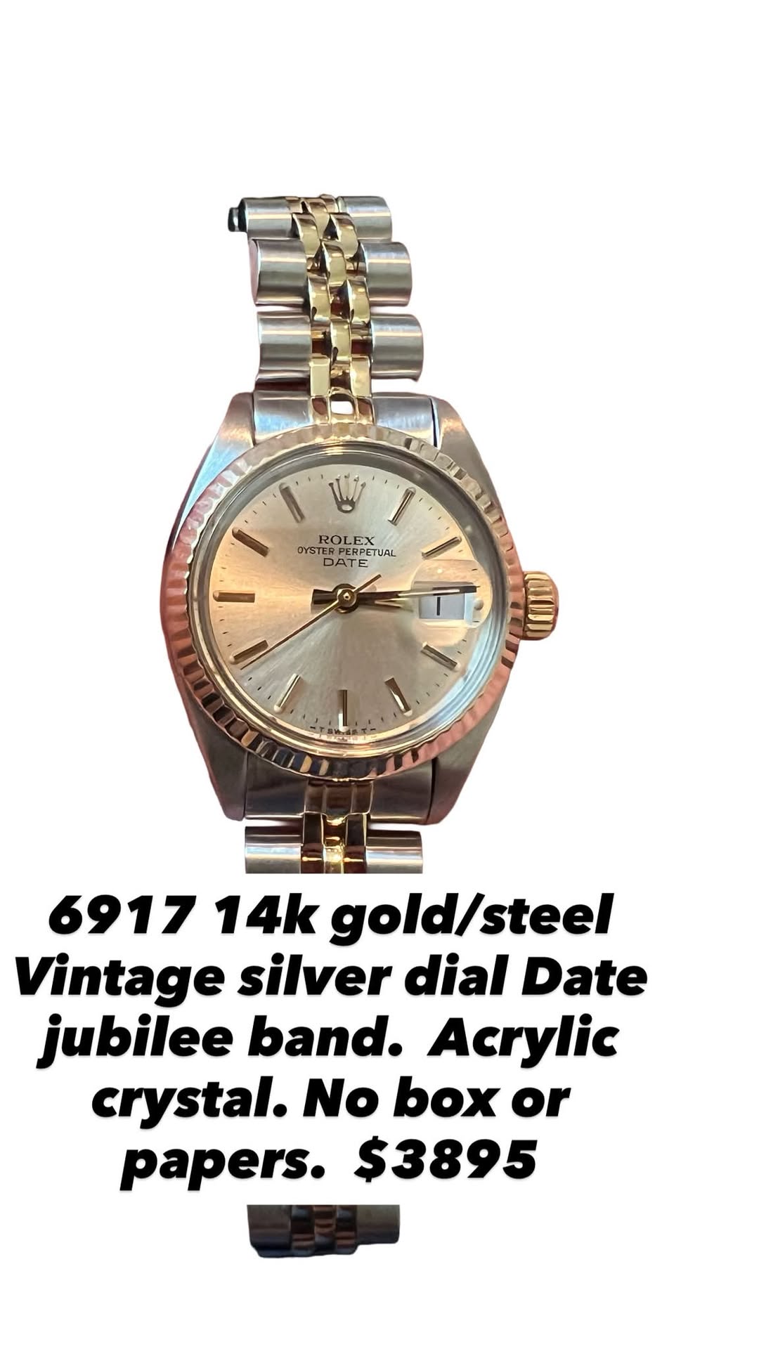 May be an image of jewelry, wrist watch and text that says '1 W I' ROLEX ROL 0YSTE TYSTE YSTERPER A PERPETUAL TE DAT 3AT ATE 드 6917 14k gold/steel Vintage silver dial Date jubilee…