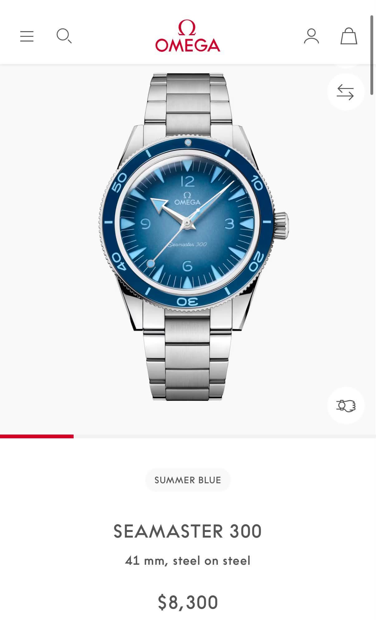 May be an image of wrist watch and text that says 'Ω OMEGA 5 50 12 OMEGA 10 eees 9 3 သီ ml 50 3 SUMMER SUMMERBLUE BLUE SEAMASTER 300 41 mm, steel on steel $8,300'