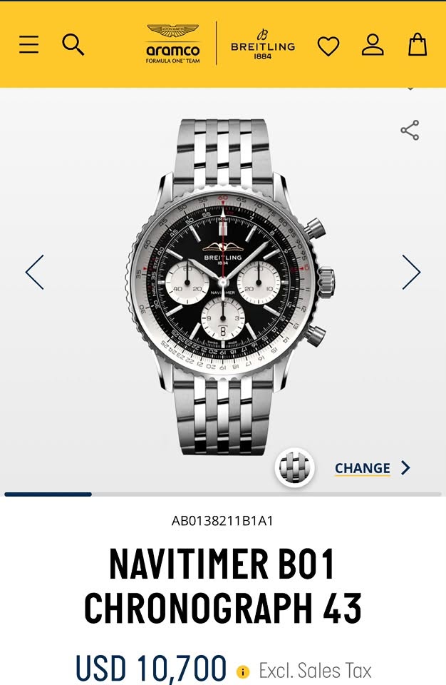 May be an image of wrist watch and text that says 'aramco FORMULAG EAM BREITLING 1884 BREI L NG LAE 40 20 20 O - กา 12 8 會 202EZ U Oz CHANGE AB0138211B1A1 NAVITIMER 01 CHRONOGRAPH…