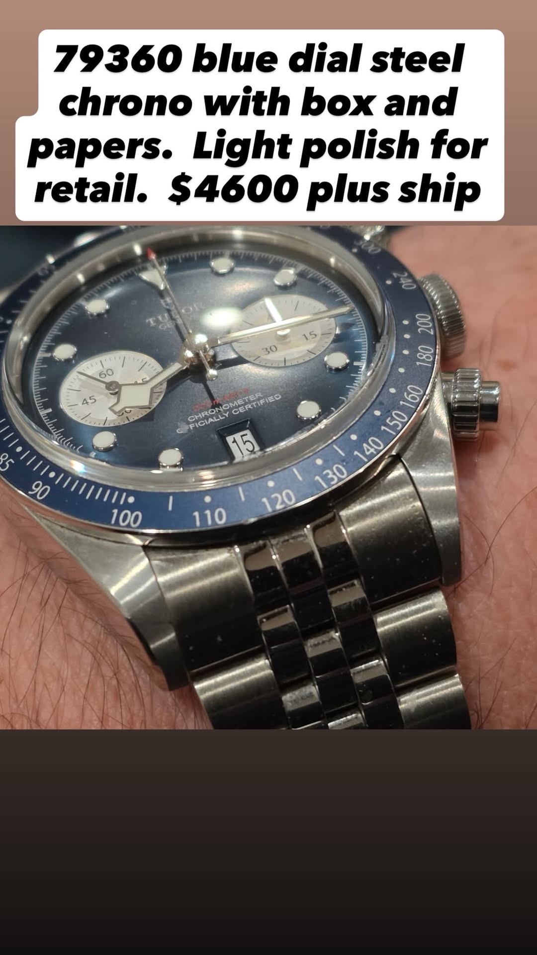 May be an image of wrist watch and text that says '79360 blue dial steel chrono with box and papers. Light polish for retail. $4600 plus ship μαB ら LASTIN 160 CHRONS CERTIFIE IFIRO…