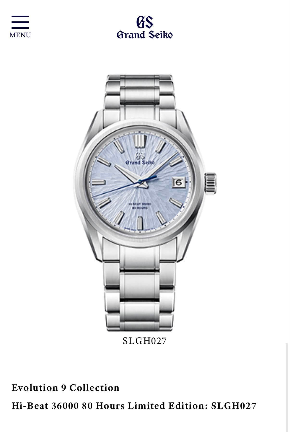 May be an image of wrist watch and text that says 'MENU GS Grand Seiko U W U 0o 小 Grand randSepp Selo L L ம nBKy KOT D I SLGH027 Evolution 9 Collection Hi-Beat 36000 80 Hours…
