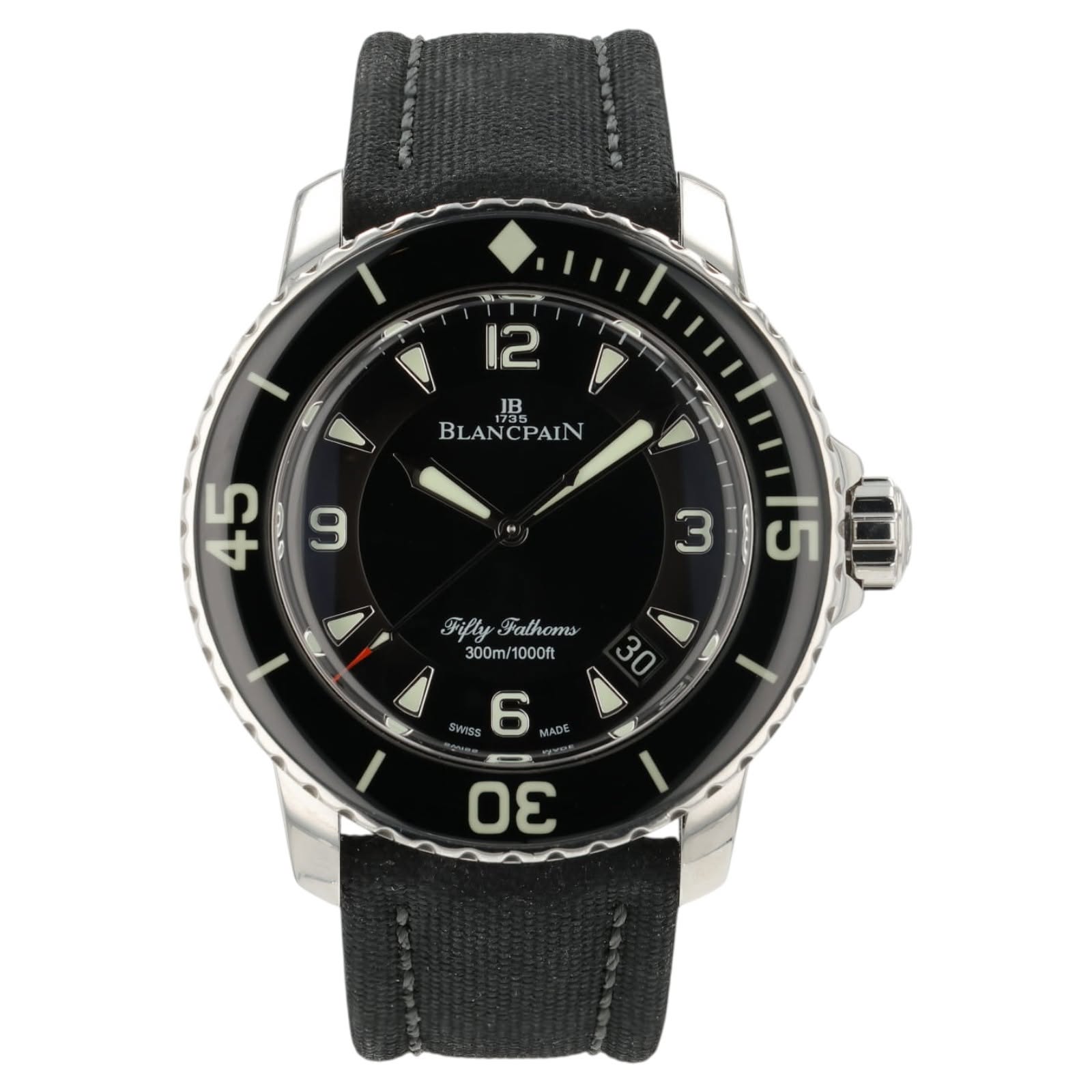 May be an image of digital watch and text that says '12 JB BLANCPAIN /5 OOL Filt FiftyFalhoms Fathoms 300m/1000ft /1000ft 300m/ 30 / BWISS 6 WADE ም'
