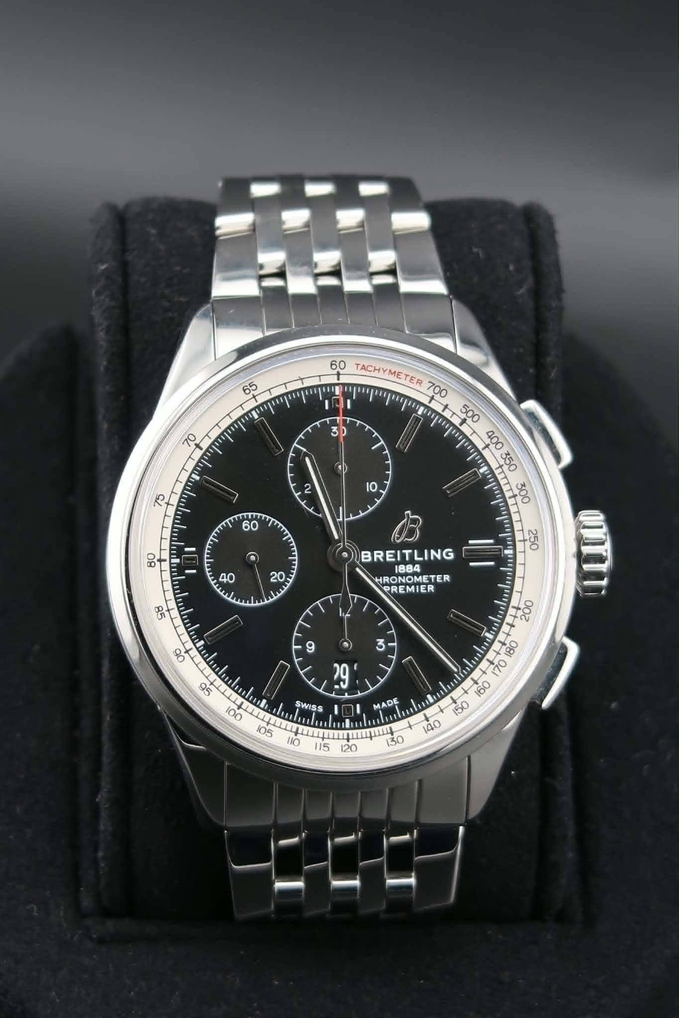 May be an image of wrist watch and text that says '65 " "pα.p 70 3 60 TACHYMETER رس SB 250 BREITLING opu HRO ONOME OMETER ETER PREMIER PREMI l if LOUI 20 SWISS MADE 8 ሞ I0 115…