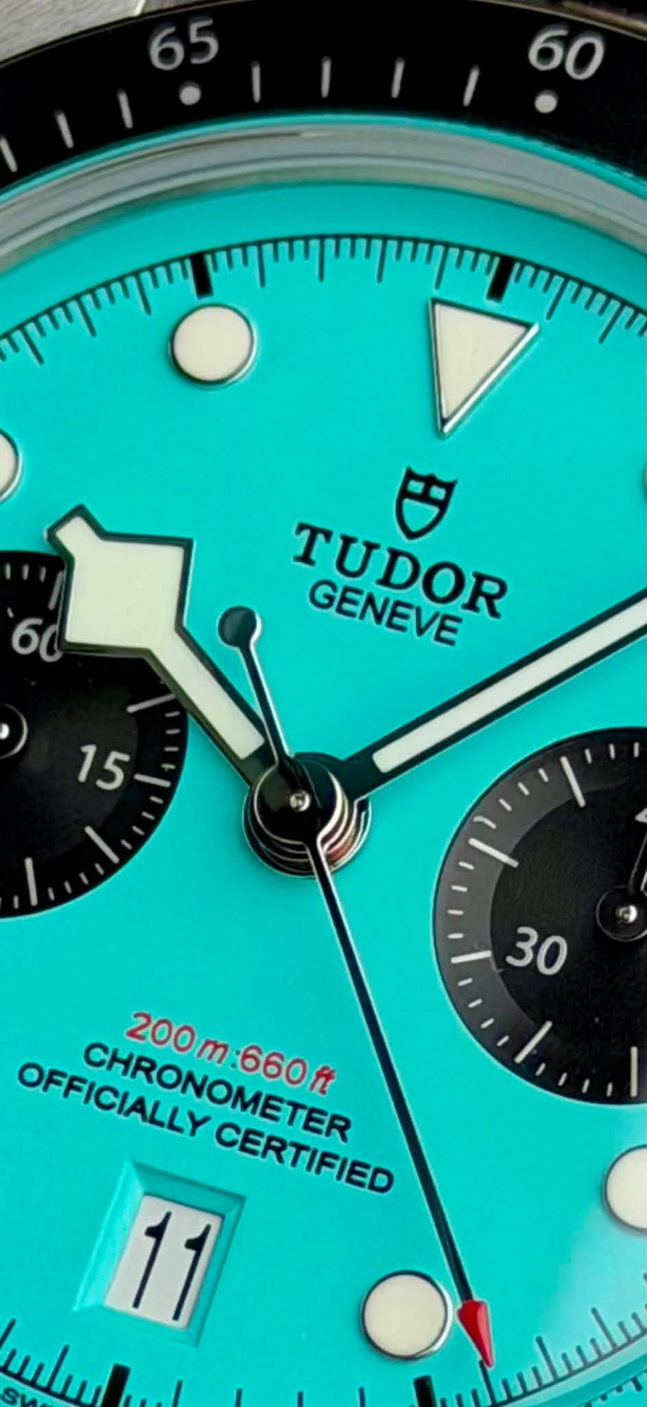 May be an image of wrist watch and text that says '60 መጣጣሪሪማማም 60 TUDOR GENEVE GENEVE 15 30 OFFICIALONON 200m:660ft m 660f 200 OFFICIALLY CHRONOMETER CHRONOMETE CERTIFIED CERTIFIED…