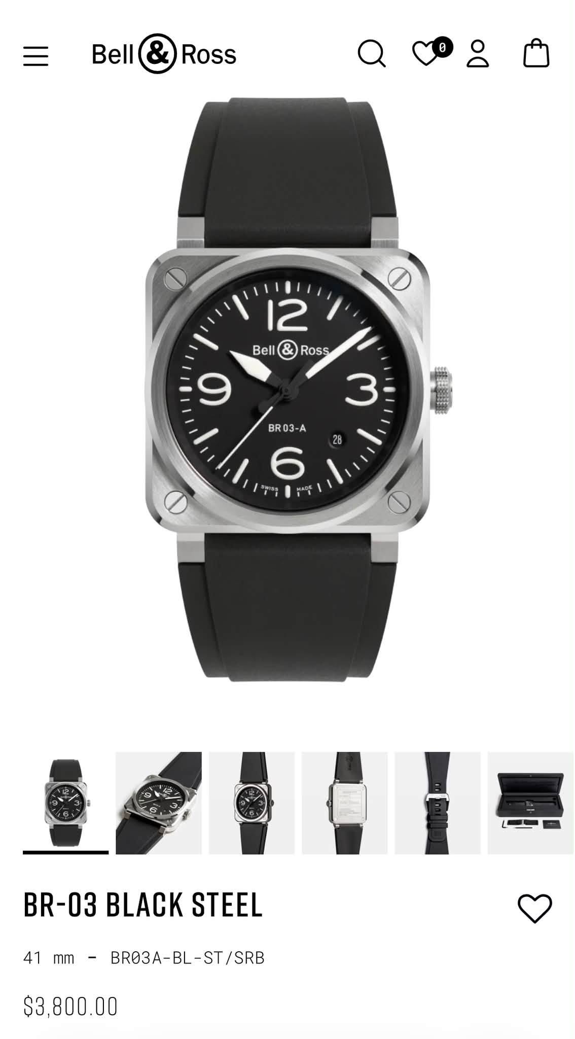 May be an image of digital watch and text that says 'Bell Ross O 12 I Bell & Ross 9 3 28 BR03-A 6 1時 BR-03BLACKSTEEL -03 BLACK STEEL 41 mm -BR03A-BL-ST/SRB $3,800.00'